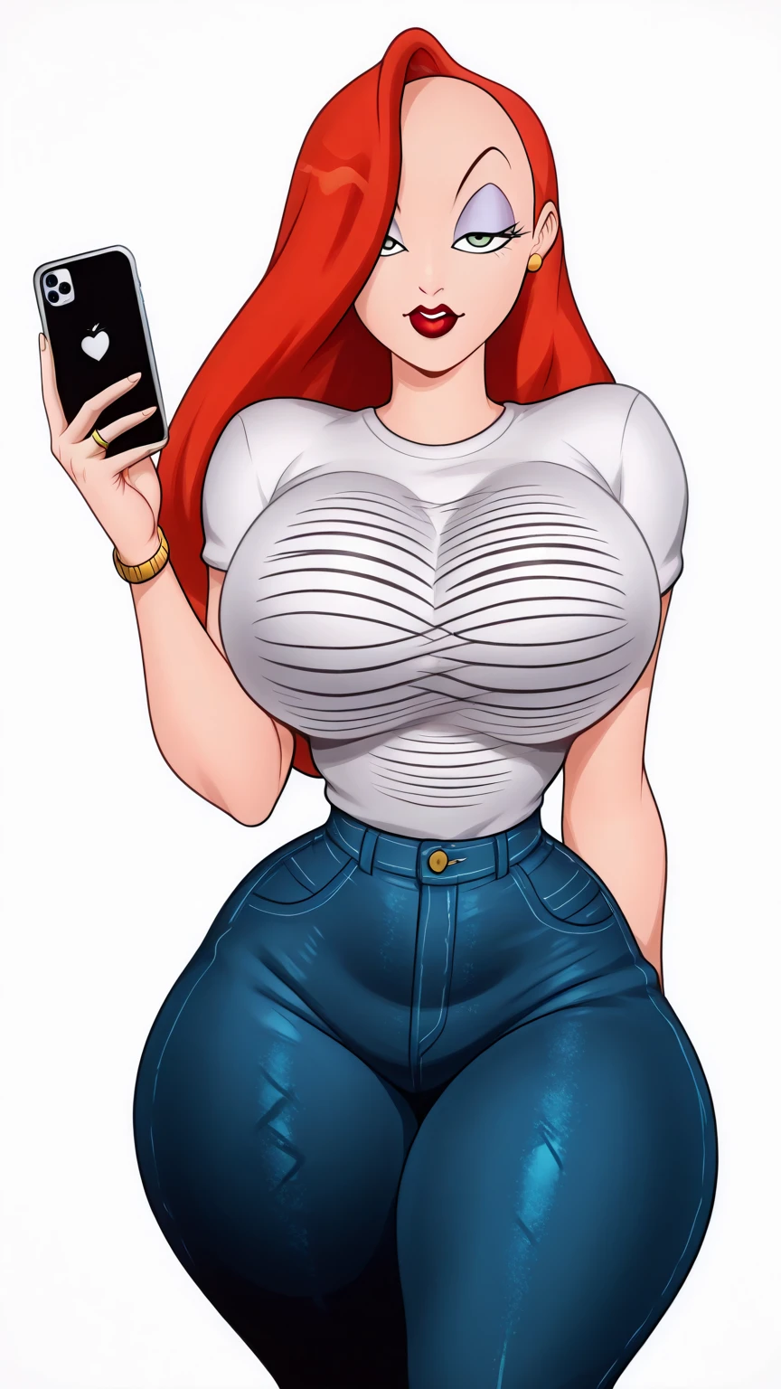 score_9, score_8_up, score_7_up, score_6_up, BREAK source_cartoon, 1girl, red hair, long hair, hair over one eye, green eyes, lipstick, makeup, earrings, BREAK ((wearing a white tshirt)), best quality, expressive eyes, (abstract background:1.5), abstract background, realistic, 1girl, solo.  looking at viewer, smile, (big ), hourglass body, happy, thigh gap, lips, red lips, lipstick,  BREAK  (jeans), parted lips,nail polish, ((narrow waist)), looking at viewer, thighs, Mixed_artstyle