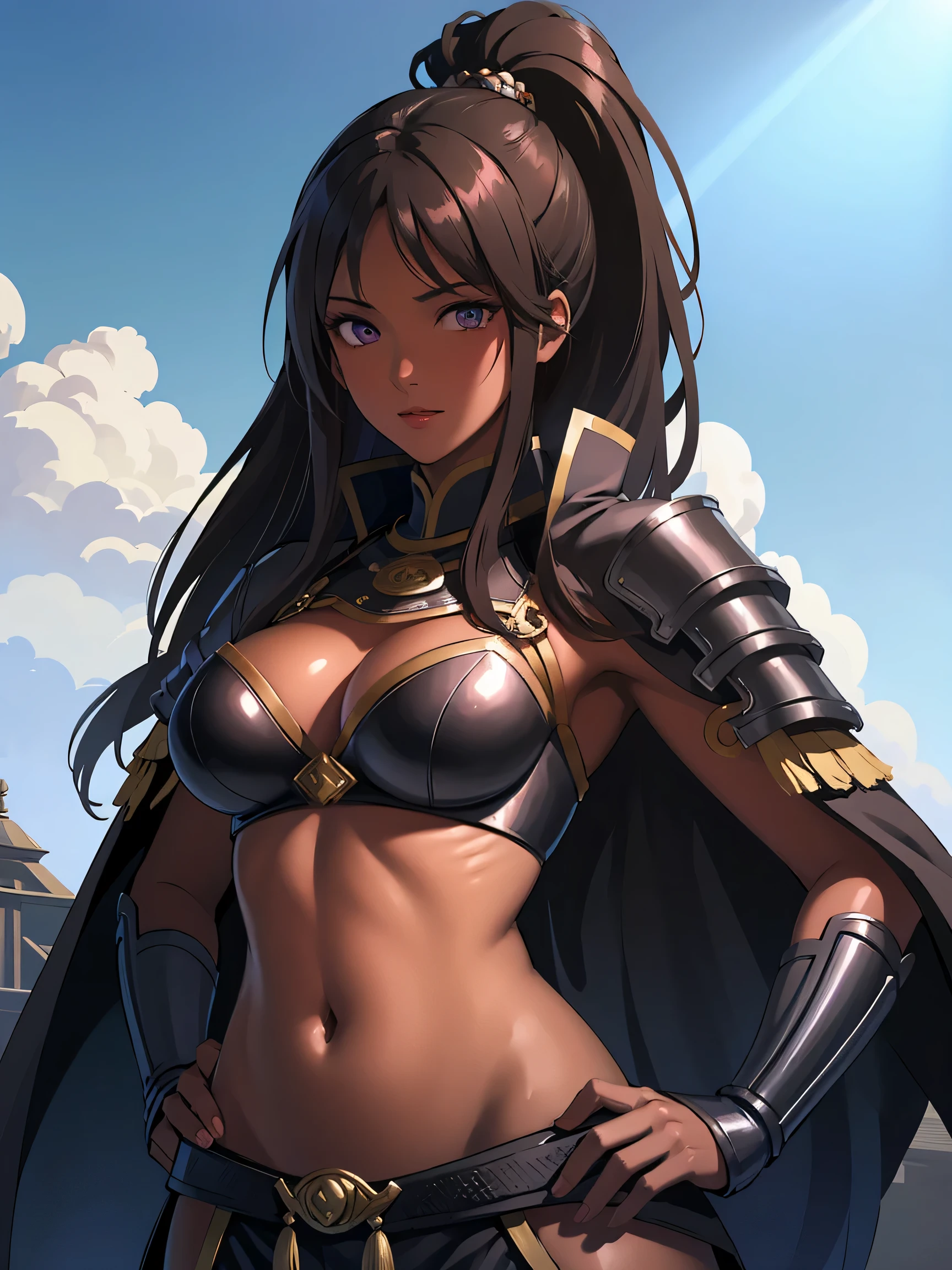 best quality, masterpiece, highres, solo, {scheherazade_fgo:1.15}, long_hair, black_hair, dark-skinned_female, dark_skin, green_eyes, circlet, breasts, forehead_jewel, jewelry, large_breasts, hat, 1girl, armor, bracelet, bridal_gauntlets, cleavage, looking_at_viewer, parted_bangs, shoulder_armor, arm_wrap, bangs, pauldrons, ring, scroll, bandaged_arm, bandages, feathers, staff, very_long_hair, armlet, thumb_ring, facial_mark, thighs, breastplate, covered_navel, navel