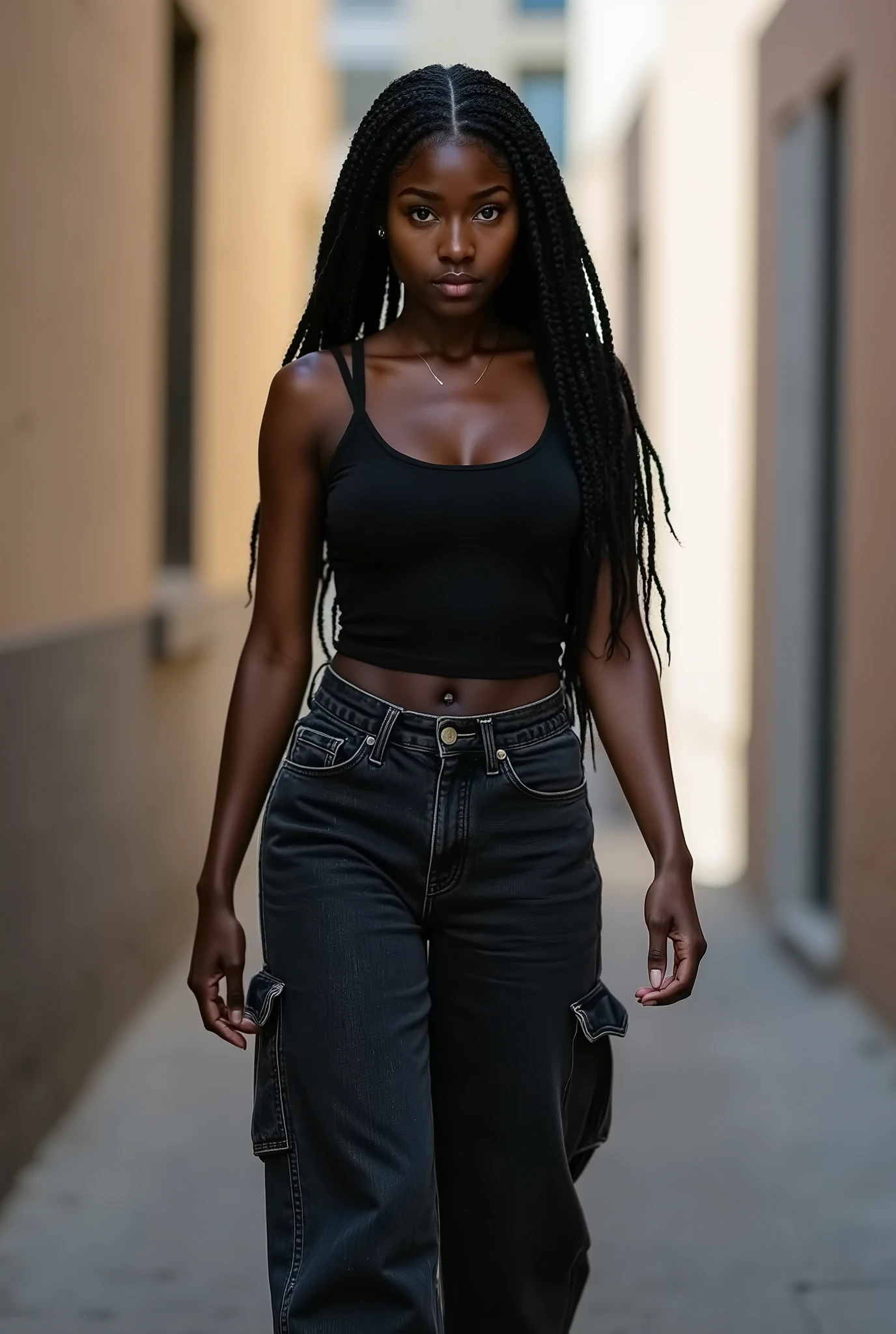 Candid photoreal street portrait of young Black teenage woman with distinctive oblong face and thick jumbo braids, captured in an unposed moment navigating an urban back alley. Her slim figure showcased in natural motion, wearing fitted dark tank top contouring her slender upper body, paired with black mottled jeans that fit perfectly at waist and hips before dramatically widening into oversized baggy legs. The denim hugs her hip bones before releasing into architectural folds that shift with authentic movement. Her expression naturally focused and unaware of the camera, characteristic high cheekbones catching natural light beneath hood shadow. Body language completely unstudied with genuine quality of a moment captured rather than posed. Secluded back alley background with gritty textures, diffused natural lighting creating authentic urban atmosphere. 85mm lens, shallow depth of field, photojournalistic style.
