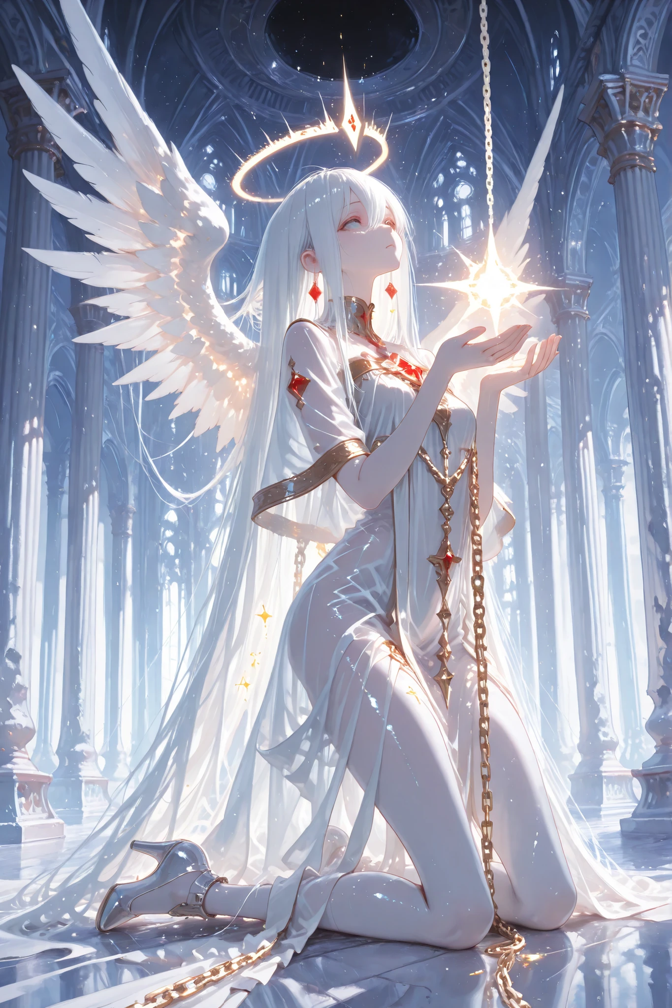 aria, see-through clothing, high-heeled shoes、A glowing white chain descends from the sky, A mysterious girl kneels chained to the ground, offering prayers to the gods. The chains shimmer with ethereal light, and beneath them lies a captive—perhaps a fallen angel, a forgotten memory, or a sealed power. Mist swirls around the scene, and the atmosphere is sacred, melancholic, and surreal. white chains, captive figure, surreal atmosphere, symbolism, sacred, ((palace))