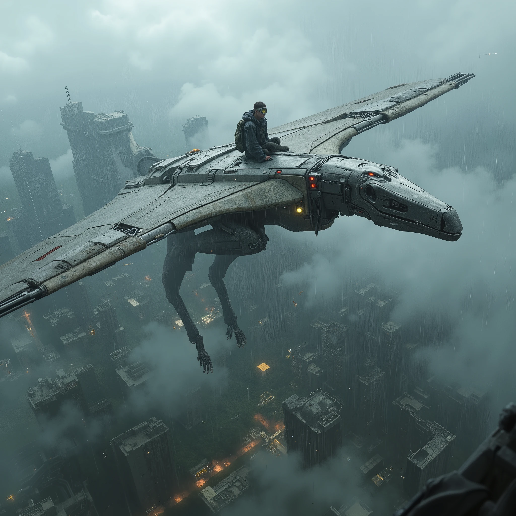 (hyper-realistic:1.3), (realistic:1.2), (masterpiece), (best quality), (highly detailed), (cinematic concept art),

A part-cybernetic Pteranodon rendered in realistic detail — its wings reinforced with metallic plating and faintly glowing conduits, sections of its body integrated with advanced cybernetic components, all depicted with lifelike textures and physical realism.
The creature soars through a vast rainstorm high above a desolate futuristic city, viewed from an oblique aerial perspective (diagonal high-angle view:1.3), with an extreme wide shot (1.5) and distant view (1.3) emphasizing monumental scale and atmospheric depth.

Far below, the decaying future city is partially submerged and overgrown, barely visible through thick rain, fog, and drifting mist.
Heavy rain pours across the scene, with realistic rain streaks, wet surfaces, water accumulation, and atmospheric scattering softening the skyline, creating a somber cinematic tone.
Faint lightning flickers across distant clouds — subtle, momentary illuminations that enhance the realism without overpowering the scene.

Riding atop the cybernetic Pteranodon is a lone young man in traveler’s clothing and protective goggles, appearing small and vulnerable against the stormy expanse.
The composition conveys solitude, motion, and overwhelming natural power, with soft motion blur, layered mist, and storm lighting adding to the realism and sense of vast desolation.

(cinematic realism, storm atmosphere, lifelike detail, dramatic scale)