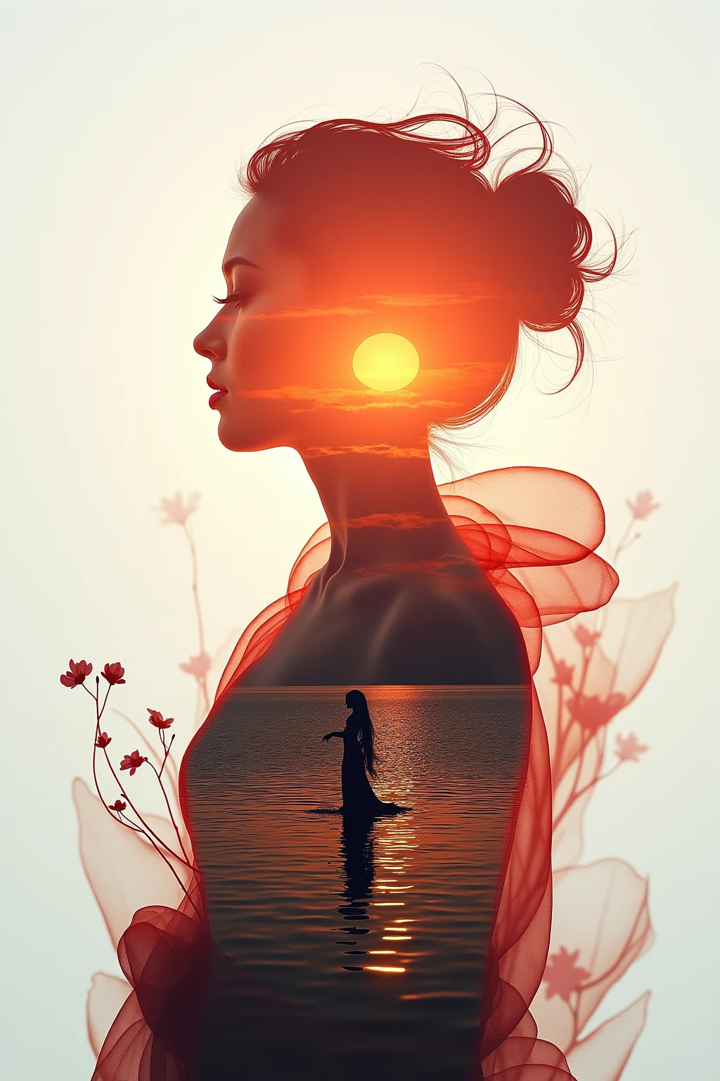 High quality，8K Ultra HD，美丽的Doubleexposure，combines the silhouette of the goddess with the sunset coast，The sunset coast should be used as the bottom background，details are incorporated into the goddess's silhouette，Clear lines，The background is monochromatic，Sharp focus，Doubleexposure，by Yukisakura，extremely wonderful full color