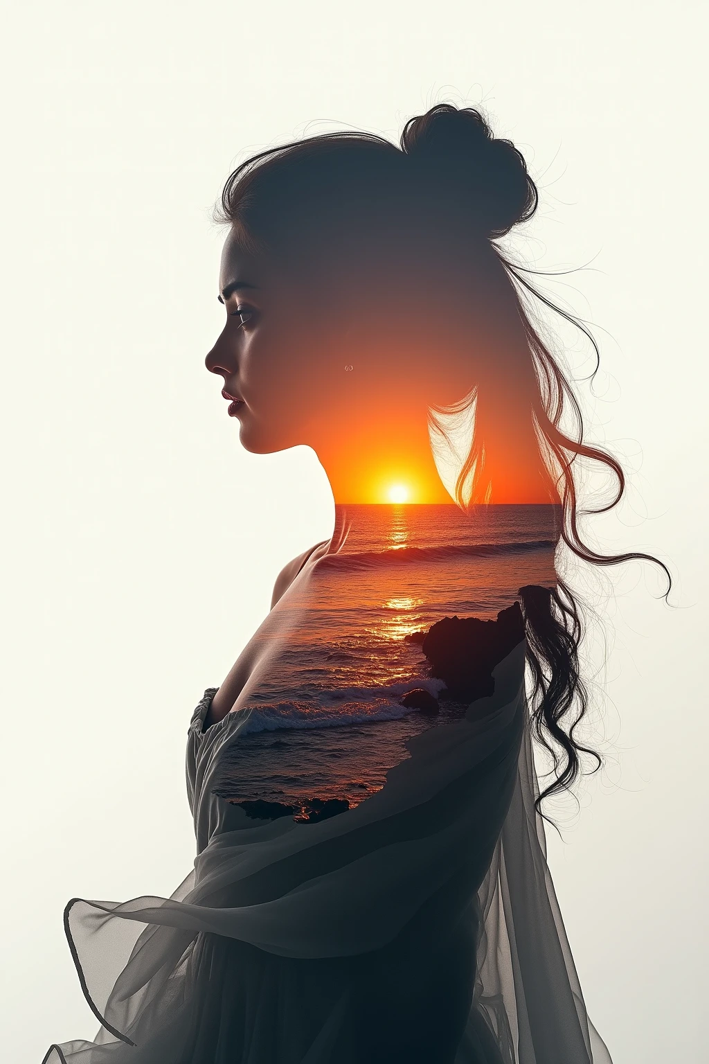 High quality，8K Ultra HD，美丽的Doubleexposure，combines the silhouette of the goddess with the sunset coast，The sunset coast should be used as the bottom background，details are incorporated into the goddess's silhouette，Clear lines，The background is monochromatic，Sharp focus，Doubleexposure，by Yukisakura，extremely wonderful full color