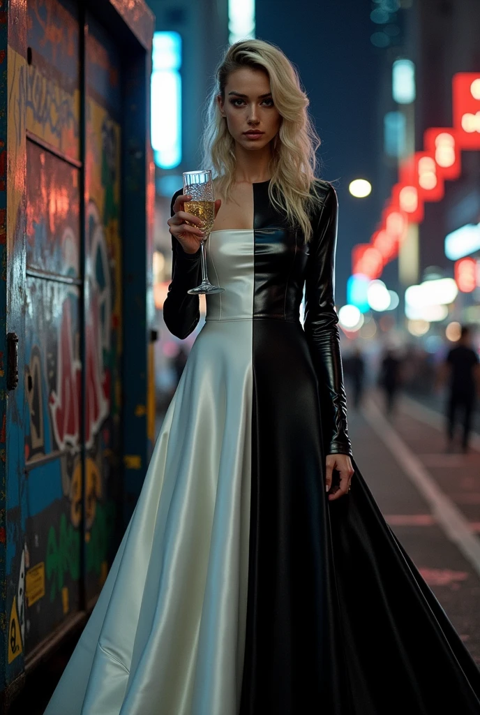 8K fashion blockbuster，An eye-catching hairstyle with half white gold and dark black，The model wears a black and white two-color patchwork dress：tight black leather on one side、flowing white silk on one side，skirt is 20 feet long。she is standing in a graffiti garbage truck，hand-held crystal champagne cup，Night view of Manhattan intertwined with flash，The aura is powerful。