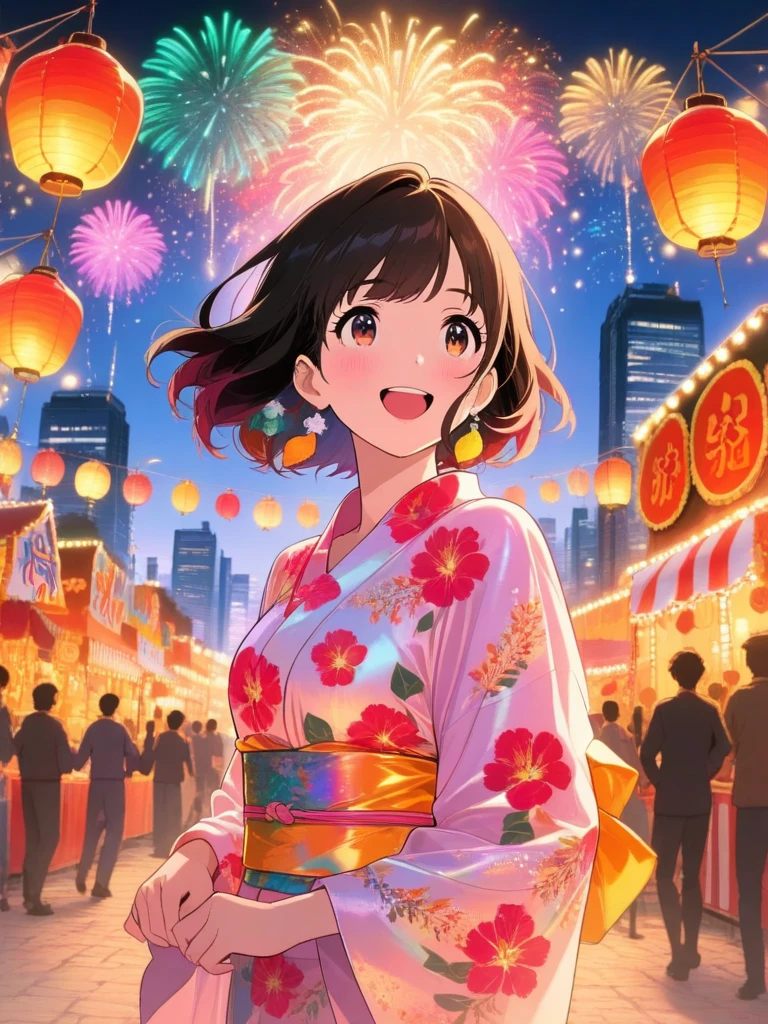 Dkaso, Masterpiece, High Quality, Intricate Details, Beautiful Colors, Clear, High-Quality Details, Detailed, Best Quality, Girl, City, Beautiful Outfit, Holiday, Festival, Fireworks, Beautiful Colors, Rich Colors, Lots of Details, Carnival,