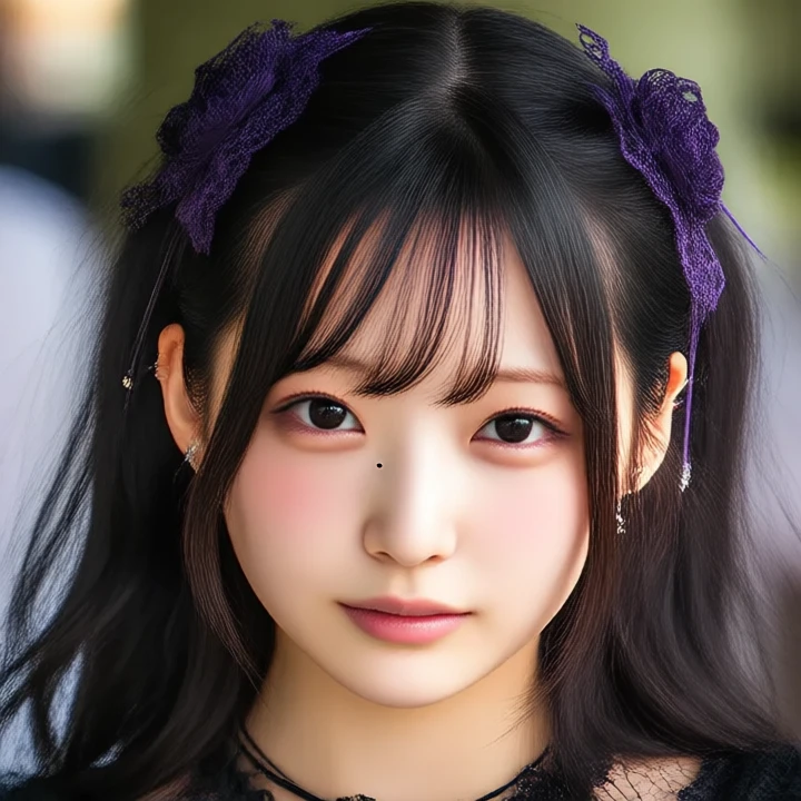 1girl, solo, A cinematic masterpiece portrait of a young Japanese woman with long, flowing black hair styled elegantly, adorned with intricate purple lace hair ornaments and subtle jewelry. The image features a realistic style with high detail, focusing on her delicate features such as black eyes, soft lips, and a faint mole. She wears a gothic-inspired outfit with lace textures and a black necklace, set against a softly blurred background with warm lighting to enhance the atmosphere.