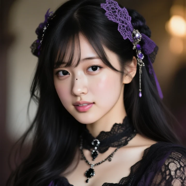 (masterpiece, best quality:1.2), 1girl, solo, A cinematic masterpiece portrait of a young Japanese woman with long, flowing black hair styled elegantly, adorned with intricate purple lace hair ornaments and subtle jewelry. The image features a realistic style with high detail, focusing on her delicate features such as black eyes, soft lips, and a faint mole. She wears a gothic-inspired outfit with lace textures and a black necklace, set against a softly blurred background with warm lighting to enhance the atmosphere.