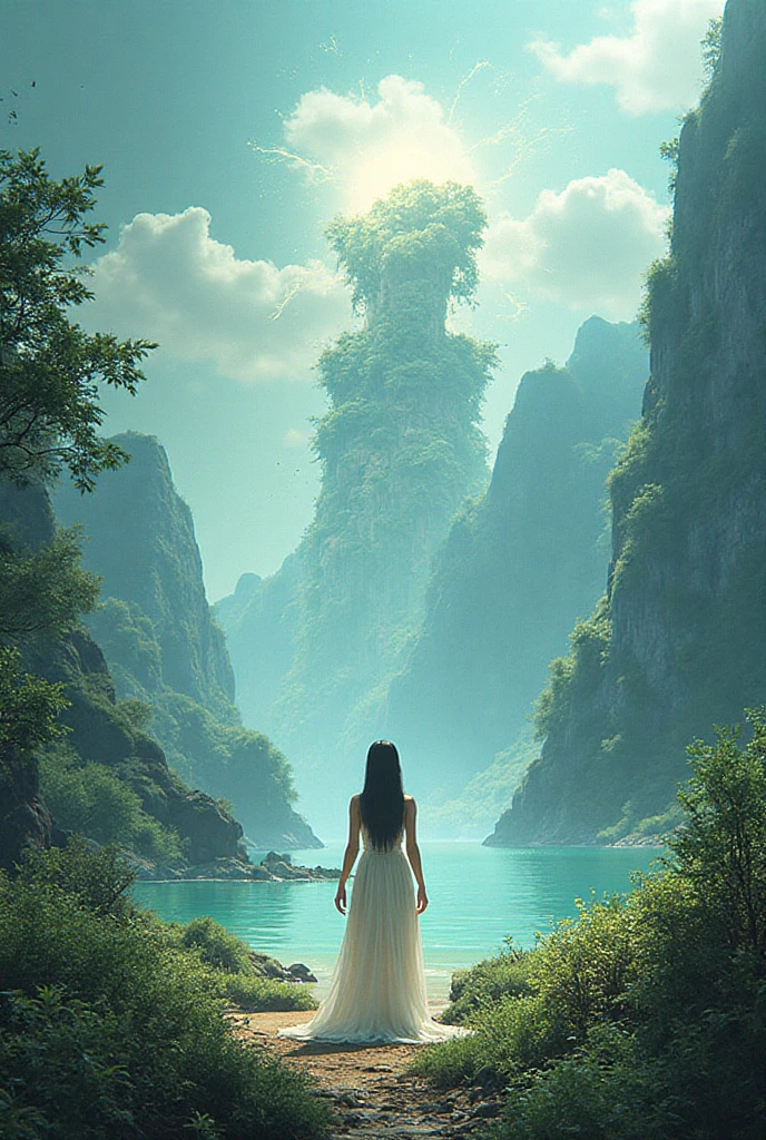 masterpiece:1.2、high resolution、High definition、Girl walking on water、whole body、Limbs、belly button、Thighs、knees、Ripples under your feet、One Girl、Cute face、Beautiful Face、Bright Face、Gravure idol、whole body:1.3、Mysterious 、Mysterious Forest、Deep fog with white smoky background、White mist enveloping the body、Fantastic lagoon、Light source 、Backlight、Shade with soft lighting、Hair swaying in the wind、Mysterious  floating in the fog、Beautiful girl walking here、((Huge ruins floating in the background:1.3))、Huge stone ruins, White Garta Belt