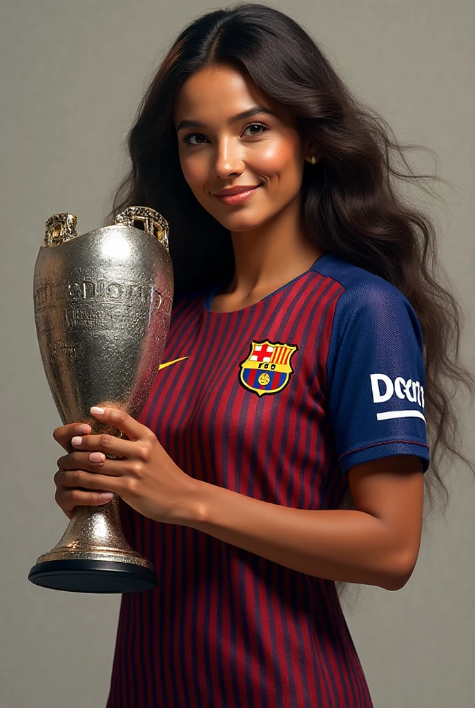 1girl full length, long hair, ponytail, depraved Barcelona football kit, earrings, jewelry, , (), professional make-up, necklace, football stadium vacation, (cyberpunk), dynamic light, dynamic angle.