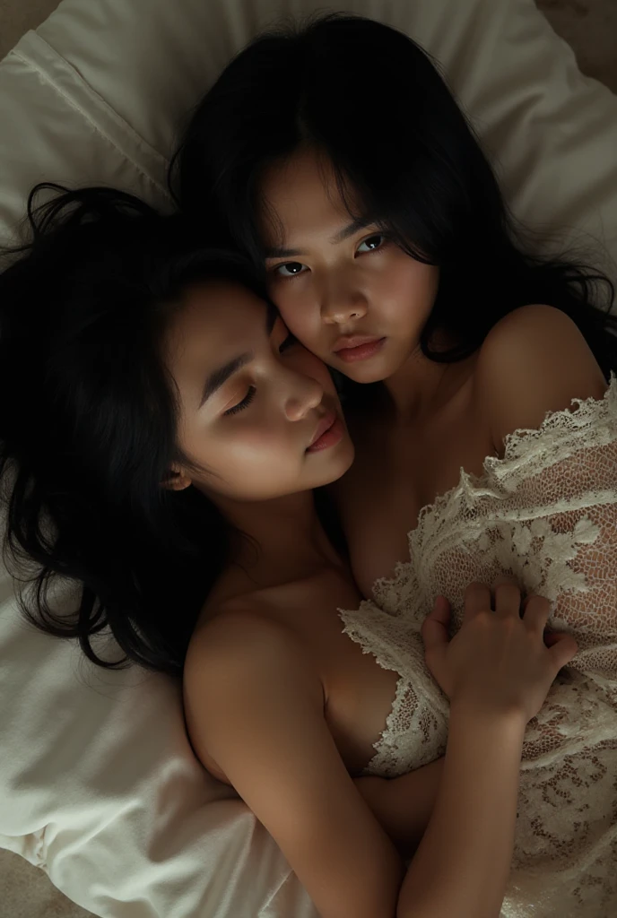 A The photograph captures an intimate moment between two people. A person reclines, , its length to the shoulders, smooth black hair that falls in cascade, juxtaposed with a black round neck shirt. } The intricate lace has floral motifs that capture the soft, diffuse lighting. The other one is supported by, that emphasizes a sense of closeness and tender affection. His brief, The dark hair provides a marked contrast with the light tones of the environment and the clothes. The image conveys a warm and tender atmosphere, , largely due to the soft fabric and soft lighting, , , creating subtle shadows and reflections that enhance the emotional depth of the composition. The environment seems relaxed and intimate, that suggests a private moment shared between the two, that contributes to a overall serene and affectionate mood. take the photo with the girl and the boy in the first message
