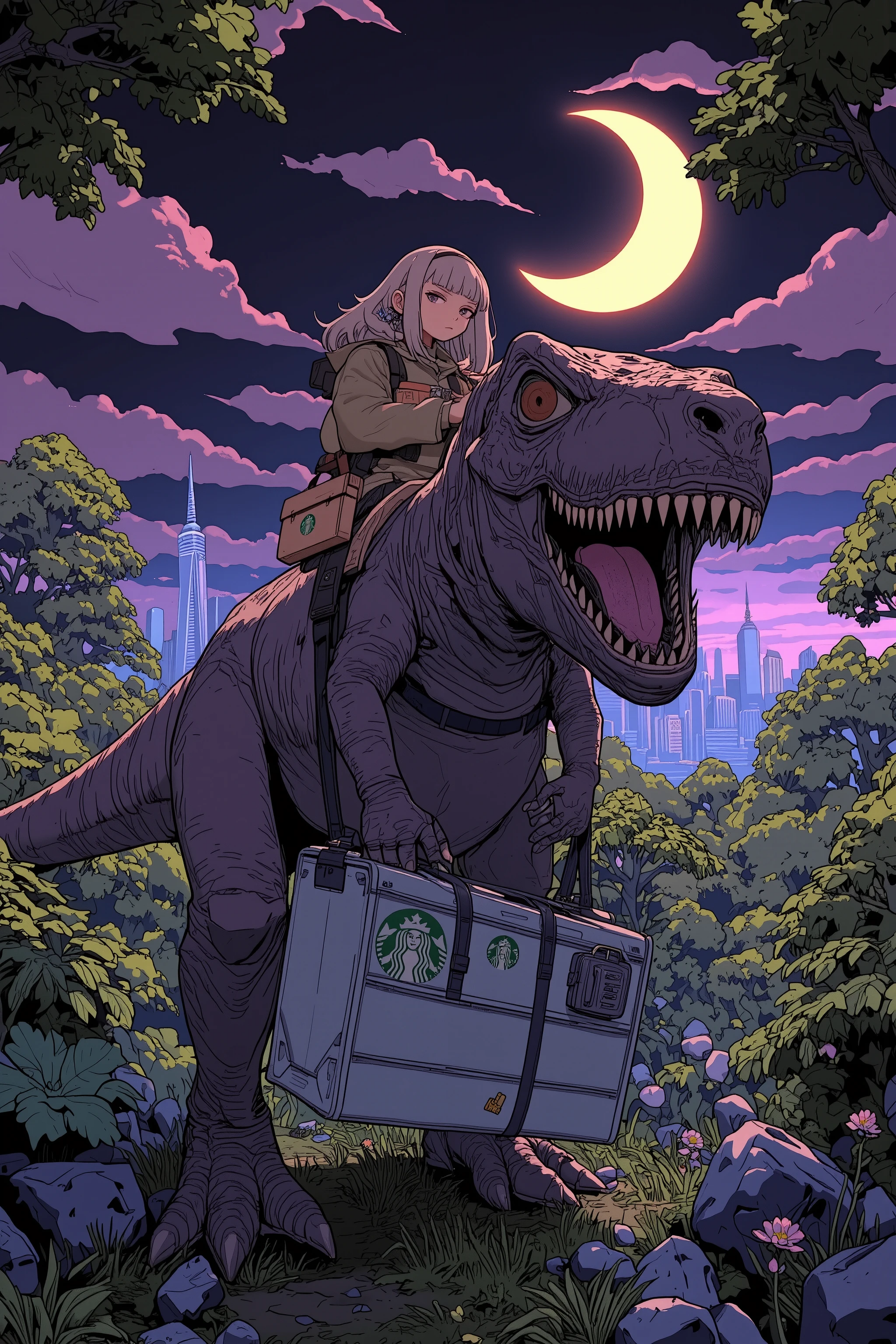 A cute anime wearing a green and coffee brown delivery uniform on the beautiful night of the crescent moon The girl、she is riding on the back of a mighty Tyrannosaurus,dinosaurs have detailed scaly skin and sharp eyes,A casual, ancient and rugged texture,The girl uses fashion and colors inspired by the Starbucks Siren logo,A mermaid motif with two tails on the hairpin and jacket,She has a modern coffee delivery bag with a stylized Siren emblem(carrying a backpack),holds the reins,The background is a prehistoric forest, but you can see the modern city skyline shining with neon lights in the distance,An interesting composition,This scene has an atmosphere where ancient times and the future are mixed,moonlight combined with cool artificial light from afar,a coffee delivery woman riding a dinosaur,