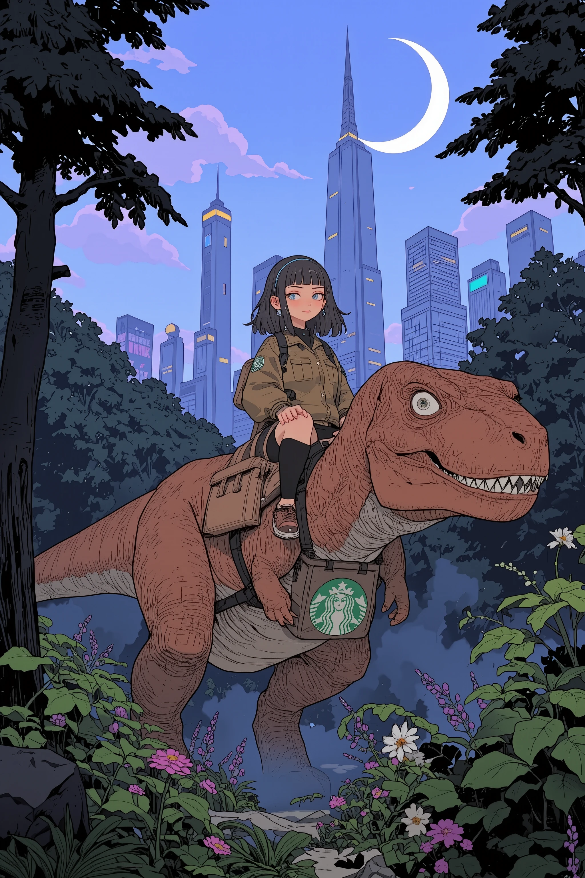 A cute anime wearing a green and coffee brown delivery uniform on the beautiful night of the crescent moon The girl、she is riding on the back of a mighty Tyrannosaurus,dinosaurs have detailed scaly skin and sharp eyes,A casual, ancient and rugged texture,The girl uses fashion and colors inspired by the Starbucks Siren logo,A mermaid motif with two tails on the hairpin and jacket,She has a modern coffee delivery bag with a stylized Siren emblem(carrying a backpack),holds the reins,The background is a prehistoric forest, but you can see the modern city skyline shining with neon lights in the distance,An interesting composition,This scene has an atmosphere where ancient times and the future are mixed,moonlight combined with cool artificial light from afar,a coffee delivery woman riding a dinosaur,