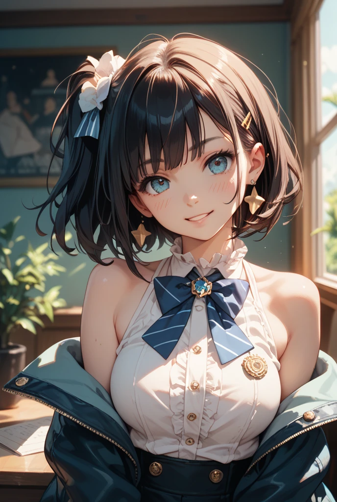 (Best Picture Quality, 4K, High Quality, Masterpiece:1.2), ((Masterpiece)), High Detail, High Quality, (HDR,16k, RAW Beautiful Girl Portrait, Best Picture Quality, Masterpiece:1.2), (Ultra-Definition Illustration), (:1.2), showing armpits, open , Sit with your knees up, widely , race , wet , idolmaster, idol costume, on the live concert stage, young teen, spotlight,Generate an image of an anime idol, (dark navy blue short straight bob hair) Make your eyes a deep blue。, extremely cute, sleeveless, detached sleeves, (orange & yellow gorgeous frilled dress with lots of flower stitches:1.3), do not use black on dress, tiara, pantyhose,