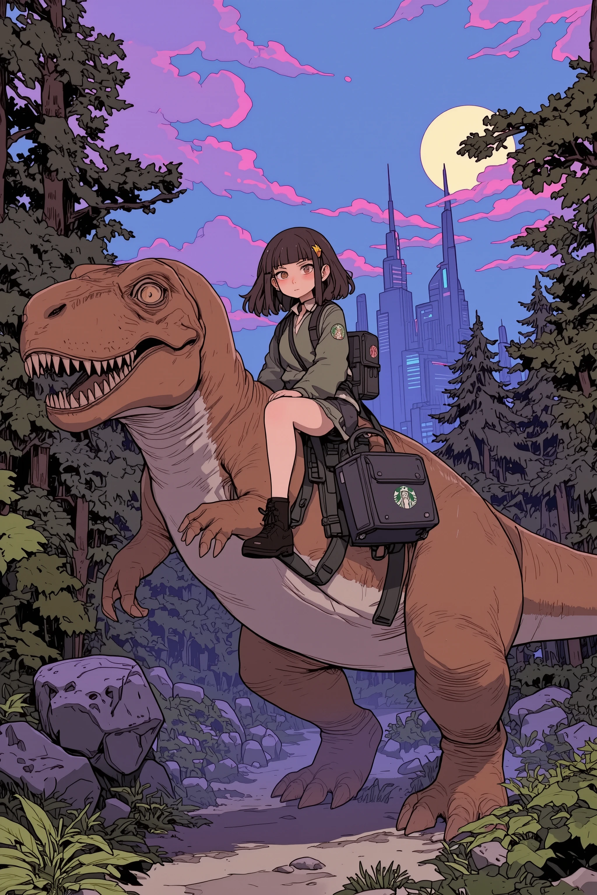 A cute anime wearing a green and coffee brown delivery uniform on the beautiful night of the crescent moon The girl、she is riding on the back of a mighty Tyrannosaurus,dinosaurs have detailed scaly skin and sharp eyes,A casual, ancient and rugged texture,The girl uses fashion and colors inspired by the Starbucks Siren logo,A mermaid motif with two tails on the hairpin and jacket,She has a modern coffee delivery bag with a stylized Siren emblem(carrying a backpack),holds the reins,The background is a prehistoric forest, but you can see the modern city skyline shining with neon lights in the distance,An interesting composition,This scene has an atmosphere where ancient times and the future are mixed,moonlight combined with cool artificial light from afar,a coffee delivery woman riding a dinosaur,