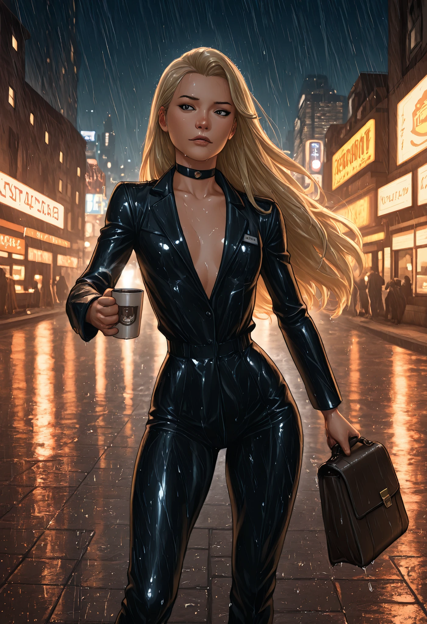 Pacifica Northwest, flat breasts, flat chest, skinny, huge hips, long hair, black eyes, blonde hair, choker , | Urban night scene, lone coffee courier delivering a cup of coffee, professional courier uniform (non-transparent), rainy weather with starry sky, city lights reflection on wet pavement, single cup of steaming coffee in hand, trust and warmth theme, detailed rain effects, neon city lights, dramatic lighting contrast, reflective surfaces, vintage coffee delivery bag, determined yet gentle expression, dynamic pose in motion, wet streets atmosphere, autumn night ambiance, photorealistic style, 8k quality, cinematic composition, realistic weather effects, professional lighting, best quality, emotional storytelling, focus on trust and warmth symbolism, detailed urban environment.