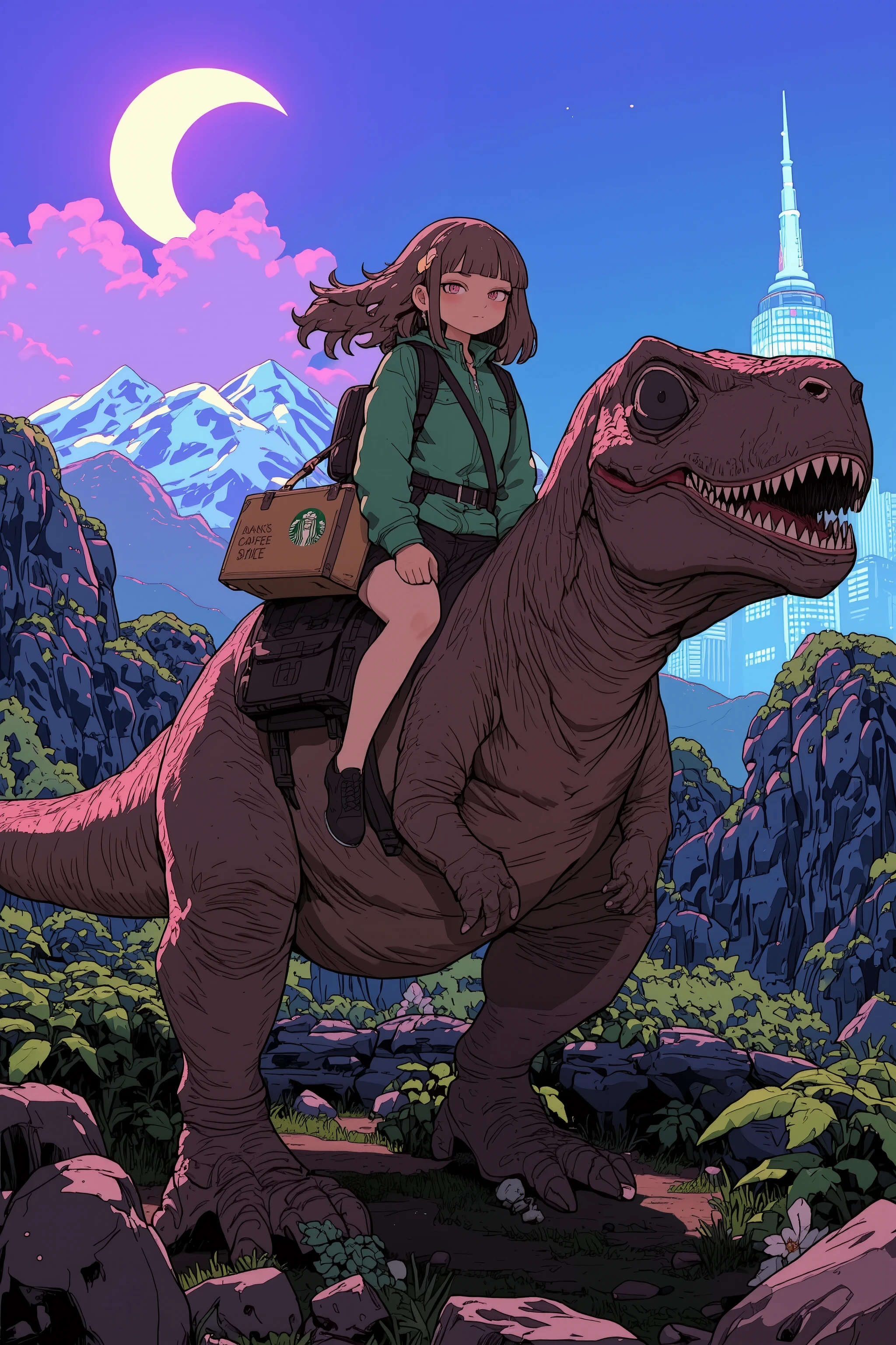 A cute anime wearing a green and coffee brown delivery uniform on the beautiful night of the crescent moon The girl、she is riding on the back of a mighty Tyrannosaurus,dinosaurs have detailed scaly skin and sharp eyes,A casual, ancient and rugged texture,The girl uses fashion and colors inspired by the Starbucks Siren logo,A mermaid motif with two tails on the hairpin and jacket,She has a modern coffee delivery bag with a stylized Siren emblem(carrying a backpack),holds the reins,The background is a prehistoric forest, but you can see the modern city skyline shining with neon lights in the distance,An interesting composition,This scene has an atmosphere where ancient times and the future are mixed,moonlight combined with cool artificial light from afar,a coffee delivery woman riding a dinosaur,