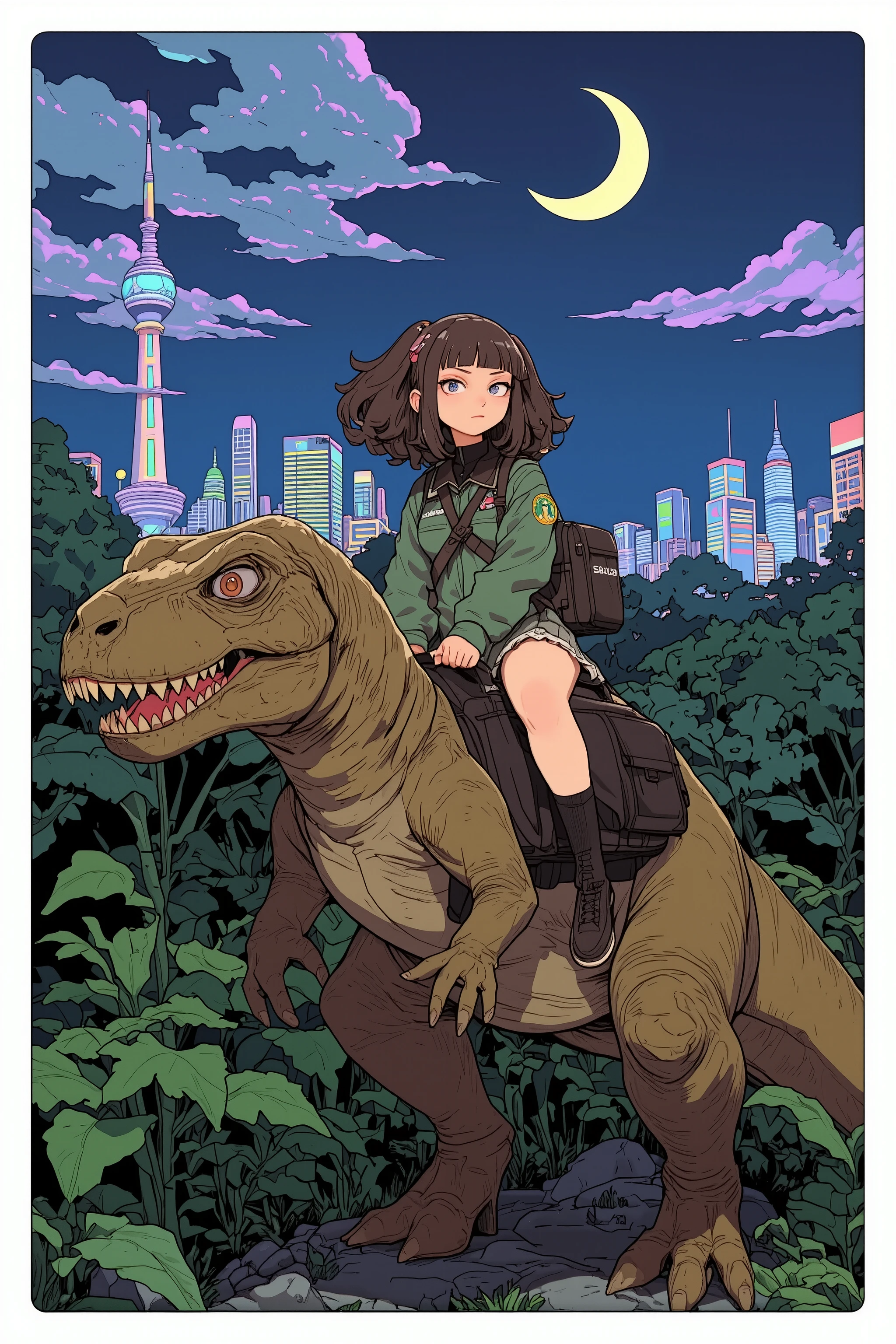 A cute anime wearing a green and coffee brown delivery uniform on the beautiful night of the crescent moon The girl、she is riding on the back of a mighty Tyrannosaurus,dinosaurs have detailed scaly skin and sharp eyes,A casual, ancient and rugged texture,The girl uses fashion and colors inspired by the Starbucks Siren logo,A mermaid motif with two tails on the hairpin and jacket,She has a modern coffee delivery bag with a stylized Siren emblem(carrying a backpack),holds the reins,The background is a prehistoric forest, but you can see the modern city skyline shining with neon lights in the distance,An interesting composition,This scene has an atmosphere where ancient times and the future are mixed,moonlight combined with cool artificial light from afar,a coffee delivery woman riding a dinosaur,