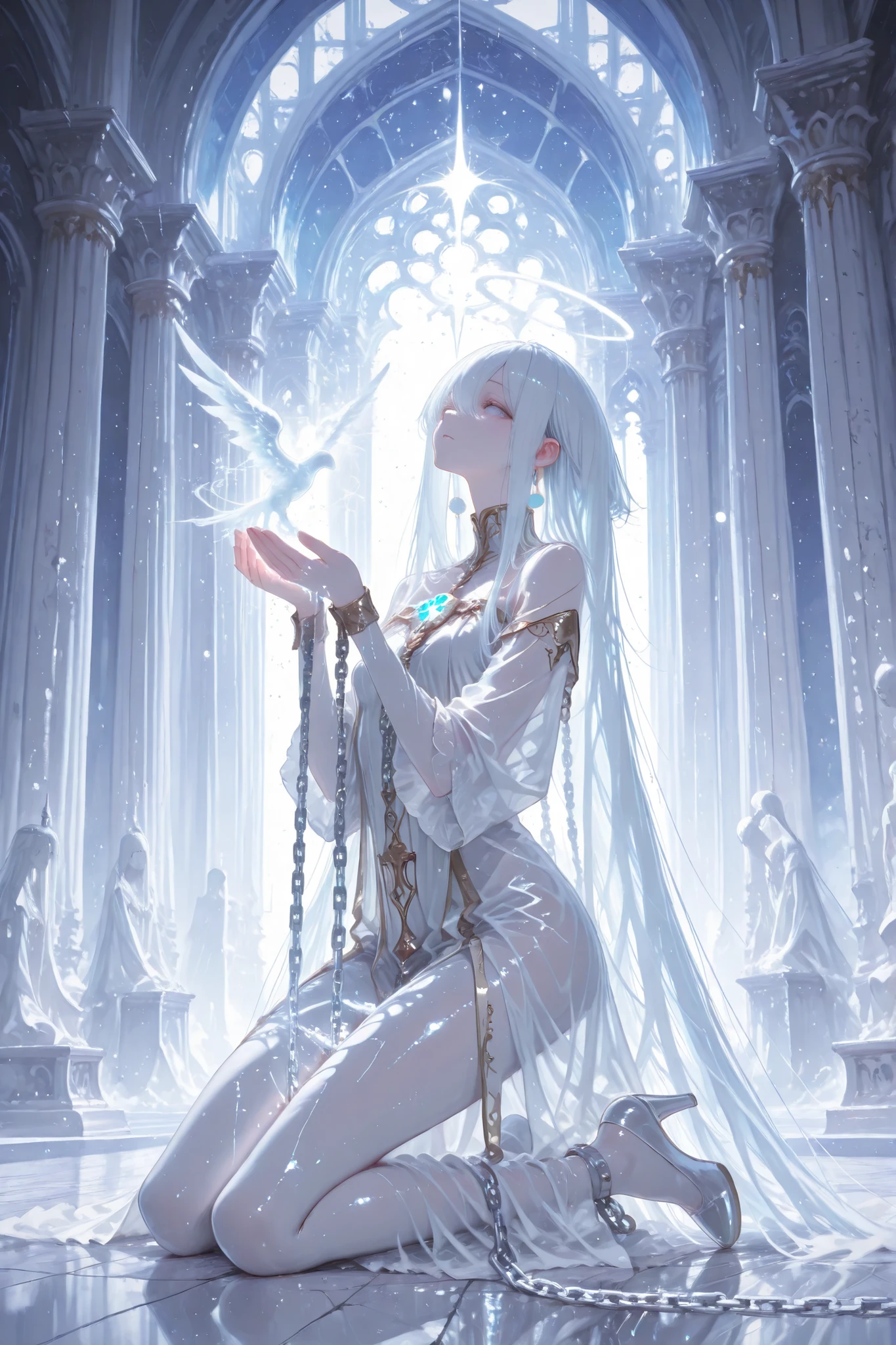 aria, see-through clothing, high-heeled shoes、A glowing white chain descends from the sky, A mysterious girl kneels chained to the ground, offering prayers to the gods. The chains shimmer with ethereal light, and beneath them lies a captive—perhaps a fallen angel, a forgotten memory, or a sealed power. Mist swirls around the scene, and the atmosphere is sacred, melancholic, and surreal. white chains, captive figure, surreal atmosphere, symbolism, sacred, ((palace))