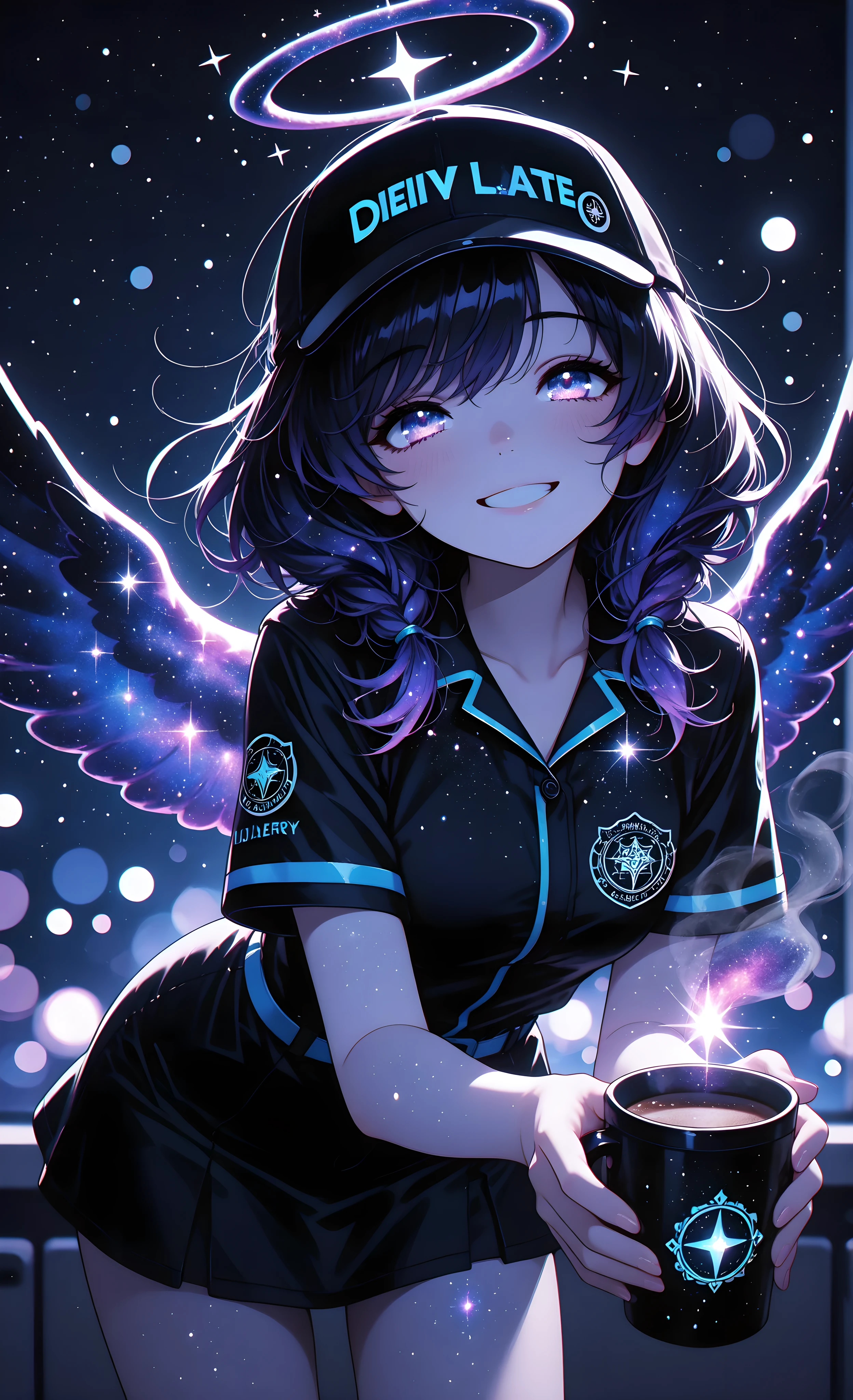 masterpiece, best quality, 8k, ultra-detailed, anime art,
1girl, waist-up shot, cosmic angel, (delivery girl uniform:1.2), happy expression, big smile, dynamic pose, leaning forward,
holding a steaming cup of coffee in each hand, (glowing cosmic latte:1.3),
sparkling stardust, soft glowing light, shallow depth of field, bokeh,
vibrant colors, celestial background,