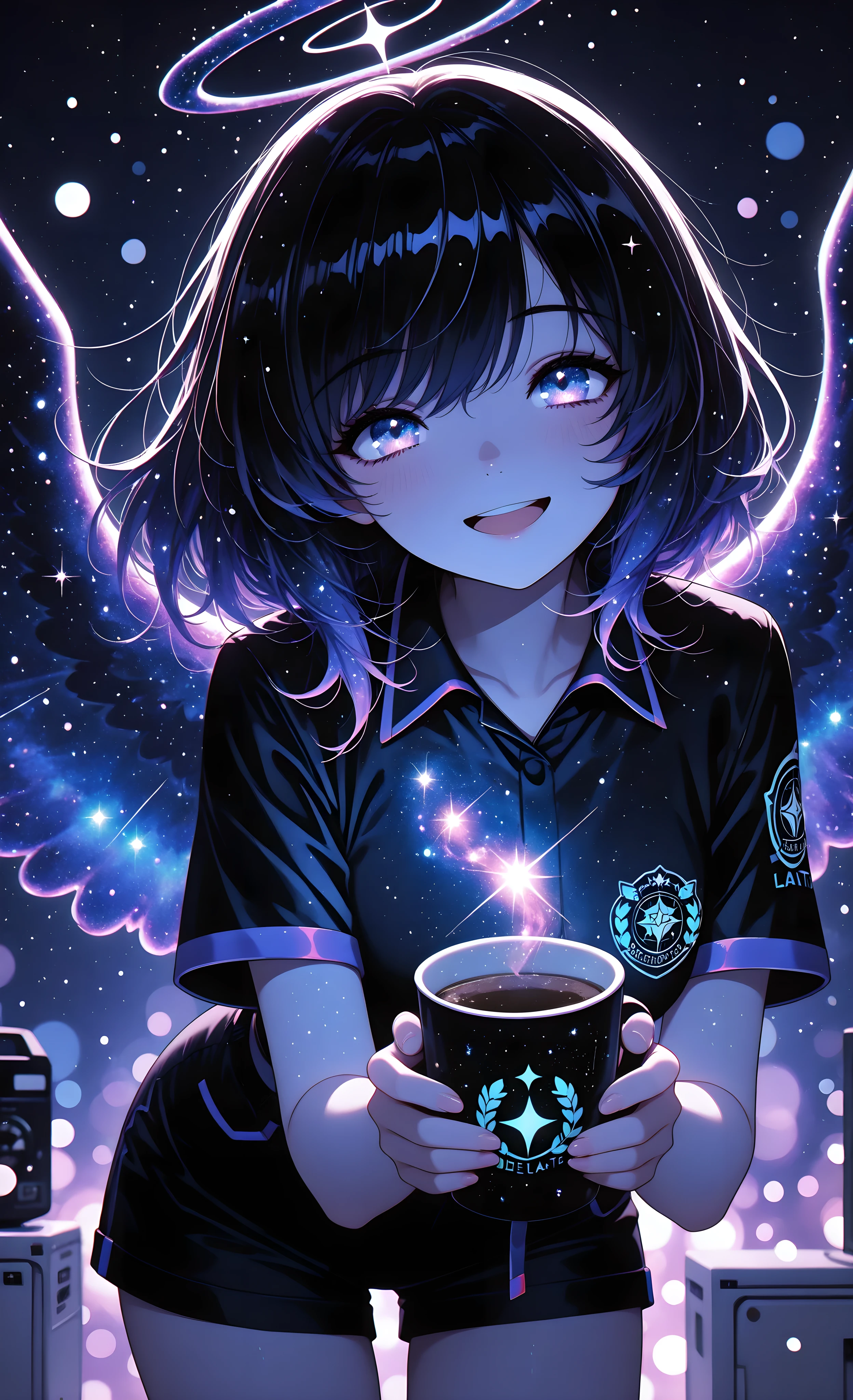 masterpiece, best quality, 8k, ultra-detailed, anime art,
1girl, waist-up shot, cosmic angel, (delivery girl uniform:1.2), happy expression, big smile, dynamic pose, leaning forward,
holding a steaming cup of coffee in each hand, (glowing cosmic latte:1.3),
sparkling stardust, soft glowing light, shallow depth of field, bokeh,
vibrant colors, celestial background,
