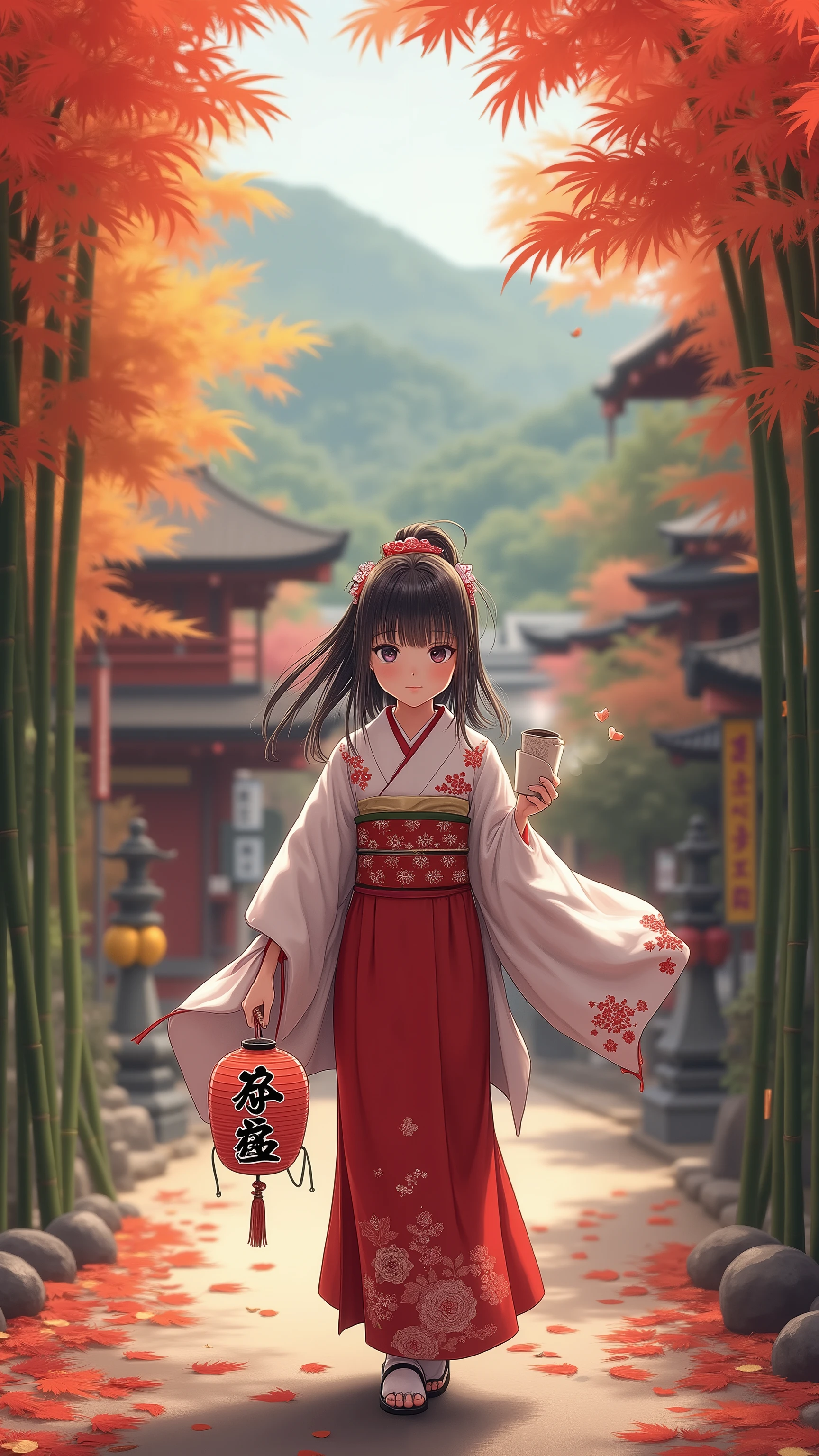 highdefinition images、A shrine maiden carrying Obon with coffee in the fall leaves in Arashiyama in the fall、Beautiful fall foliage in full bloom