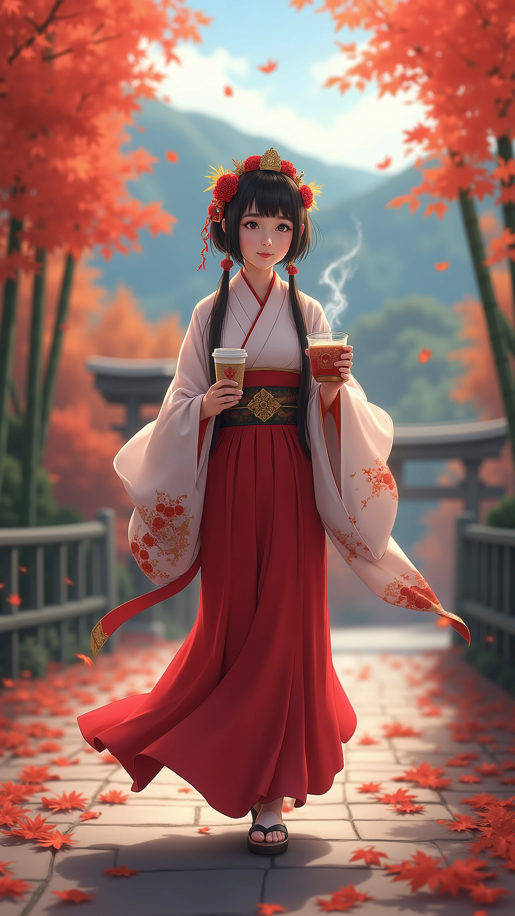 highdefinition images、A shrine maiden carrying Obon with coffee in the fall leaves in Arashiyama in the fall、Beautiful fall foliage in full bloom