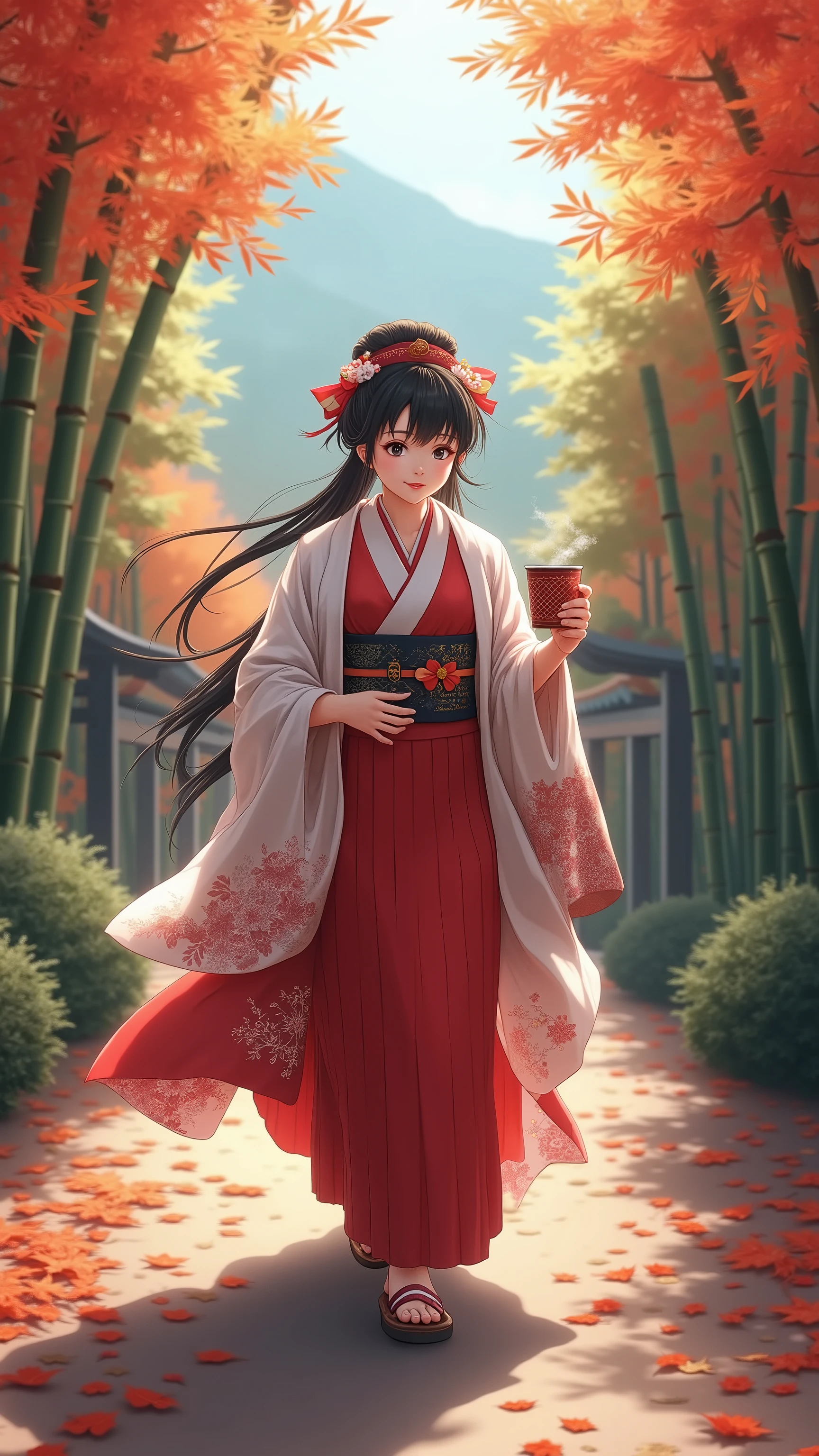 highdefinition images、A shrine maiden carrying Obon with coffee in the fall leaves in Arashiyama in the fall、Beautiful fall foliage in full bloom
