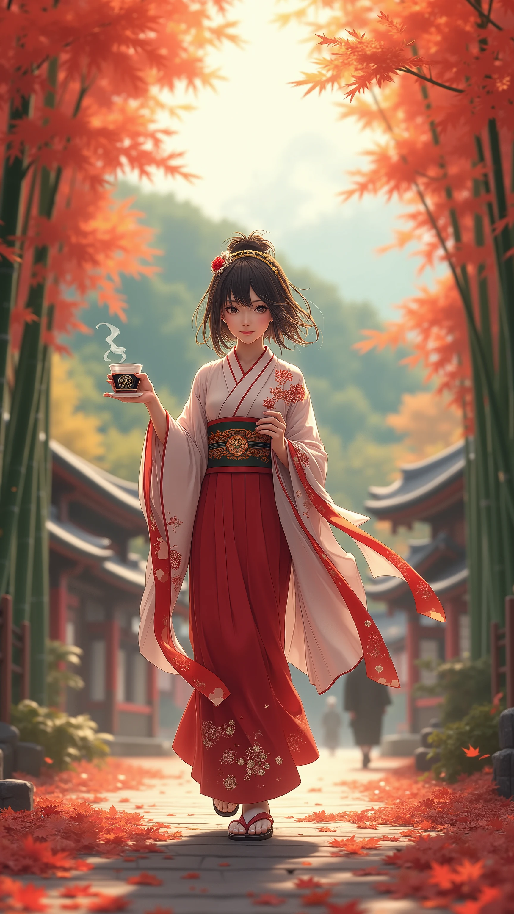 highdefinition images、A shrine maiden carrying Obon with coffee in the fall leaves in Arashiyama in the fall、Beautiful fall foliage in full bloom