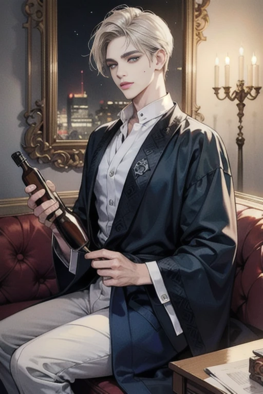 (A masterpice、最好的质量:1.2)、cow-boy shot、独奏、Male Focus、1boy、Chrollo Lucilfer、deadpan、Mouth closed、arms folded、Formal、black suits、shirt with collar、Black tie、Black pants、Black pants、Pedras preciosas、bandage on、(bloods:1.1),Inside the Host Club、Pouring alcohol