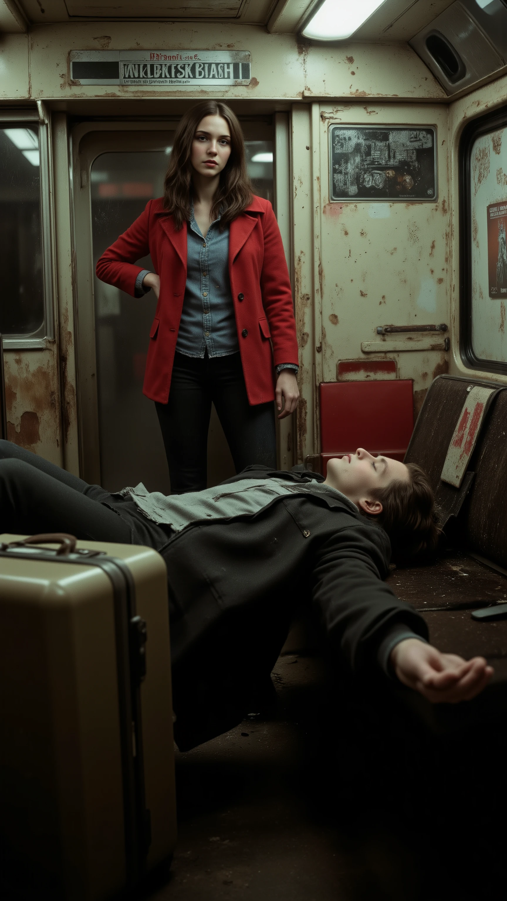 highdefinition images、Suitcase beside a London subway、The inside of the car is rattling and a drunk man is lying in his seat、A young woman in denim is standing in a red blouson nearby