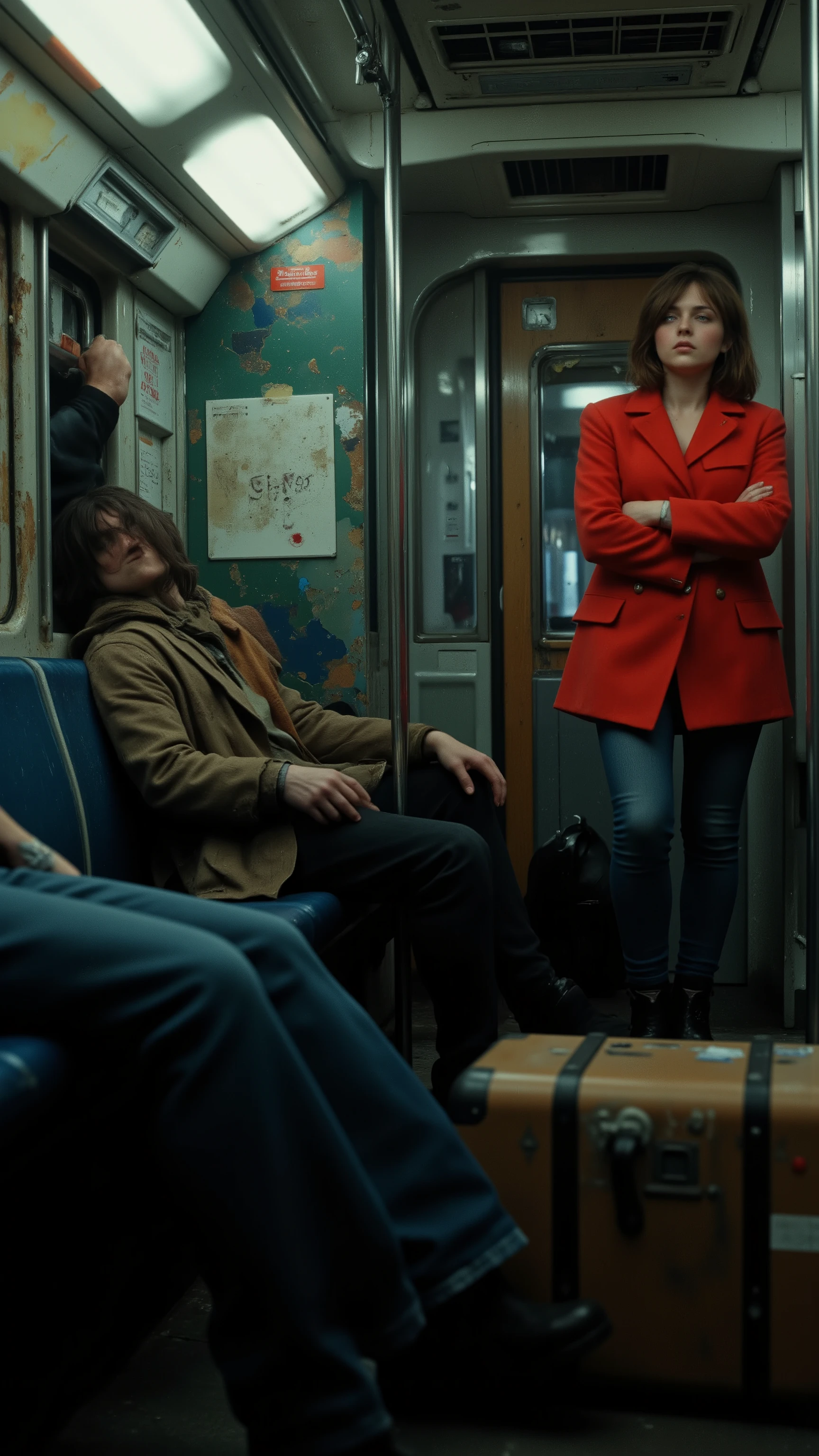 highdefinition images、Suitcase beside a London subway、The inside of the car is rattling and a drunk man is lying in his seat、A young woman in denim is standing in a red blouson nearby