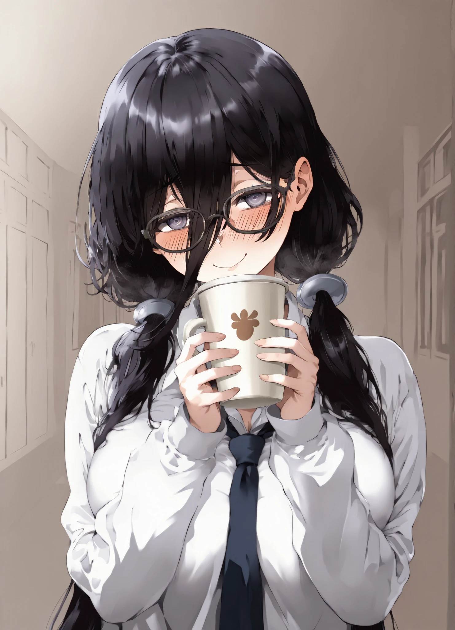 score_9, score_8_up, score_7_up, source_anime, 1 girl, nerdy girl, glasses, dumb smile, shy, twintails, hold cappuccino cup,Big , school Outfit, másterpiece, absurd, no letters,black hair, mechón de pelo, long bangs between eyes,hypnosis screen, blush, shy