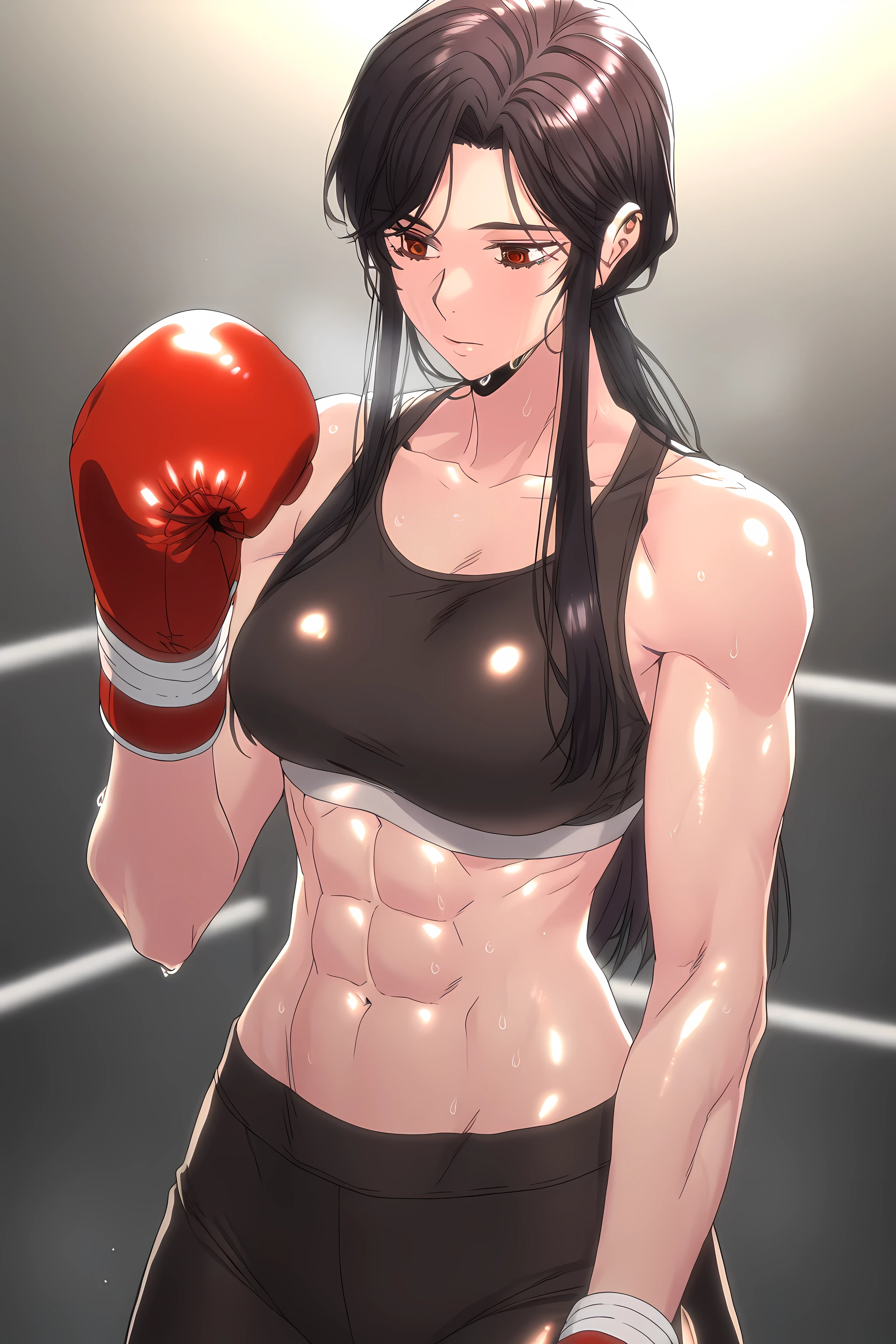 1girl, solo, young mature, ihwa, long hair, red eyes, black hair, ringed eyes, sidelocks, (ringed eyes:0.8), medium , toned female, abs, shiny body, sports bra, boxing gloves, sweating