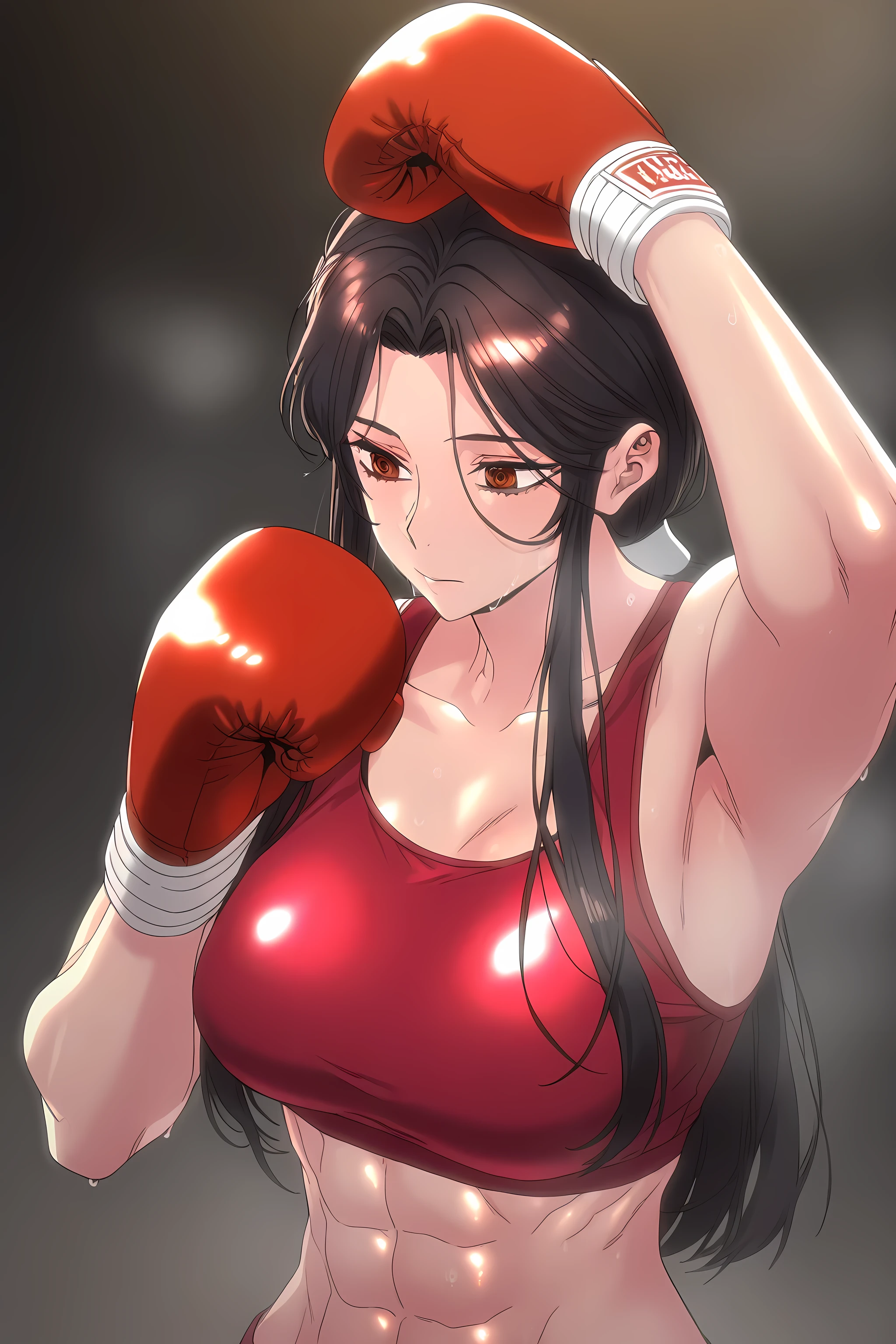 1girl, solo, young mature, ihwa, long hair, red eyes, black hair, ringed eyes, sidelocks, (ringed eyes:0.8), medium breast, toned female, abs, shiny body, sports bra, boxing gloves, sweating