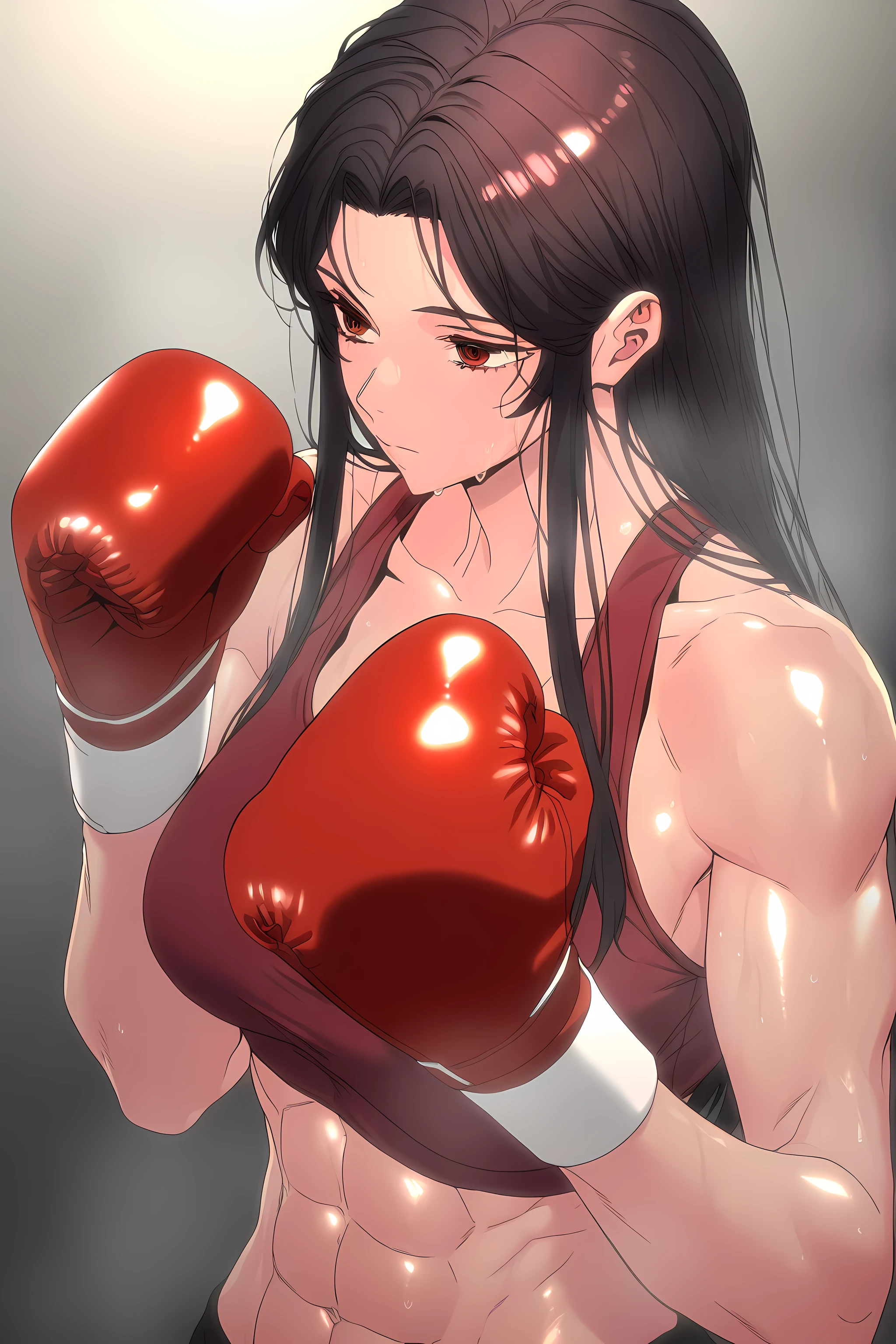 1girl, solo, young mature, ihwa, long hair, red eyes, black hair, ringed eyes, sidelocks, (ringed eyes:0.8), medium , toned female, abs, shiny body, sports bra, boxing gloves, sweating