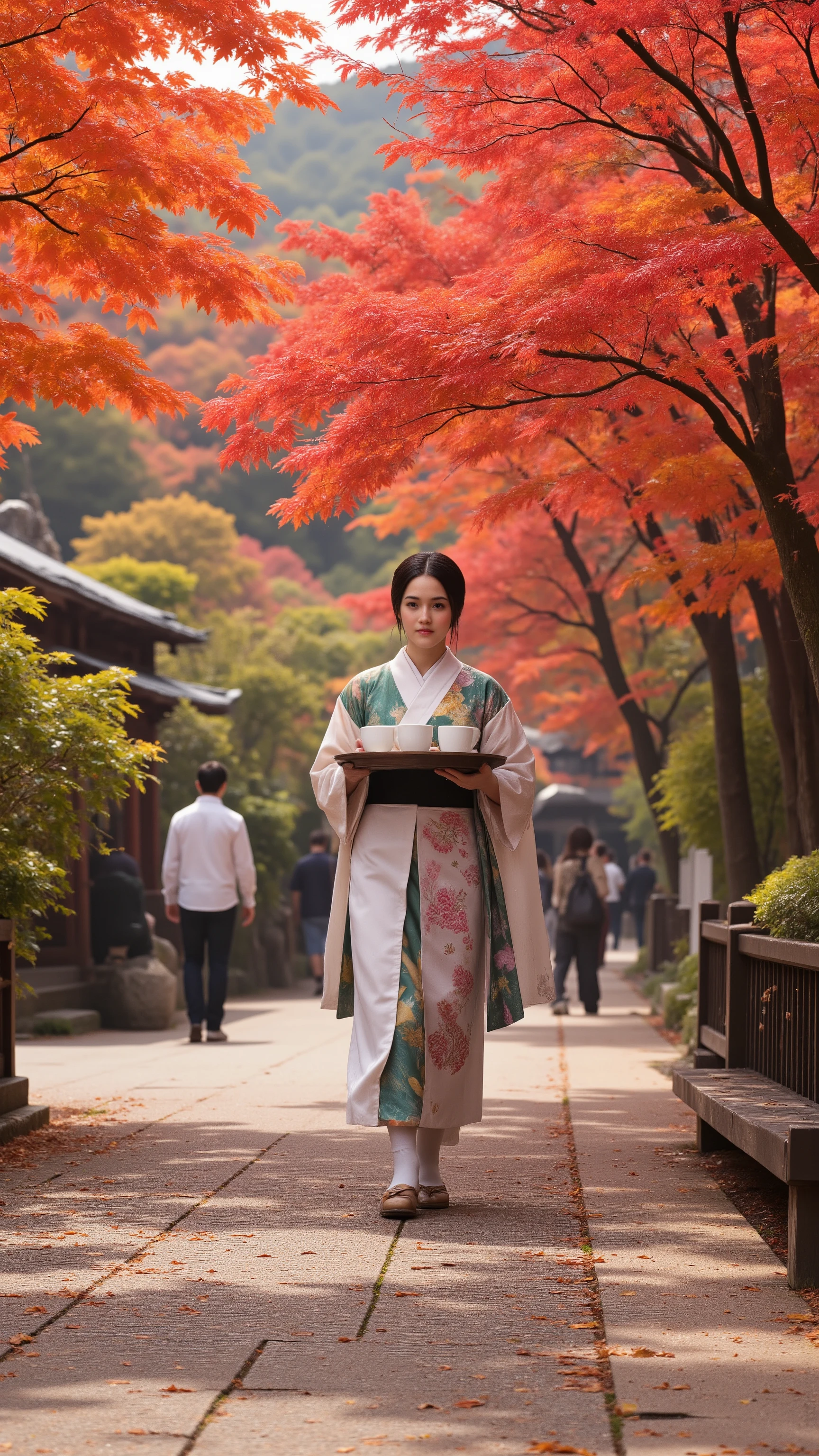 highdefinition images、beautiful shrine maiden carrying coffee on a plate on the autumn leaves in Arashiyama in the fall、beautiful autumn leaves in full bloom、There are also many tourists