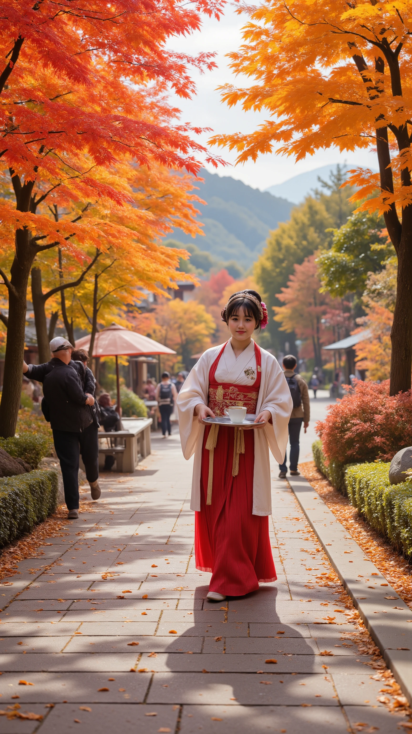highdefinition images、beautiful shrine maiden carrying coffee on a plate on the autumn leaves in Arashiyama in the fall、beautiful autumn leaves in full bloom、There are also many tourists