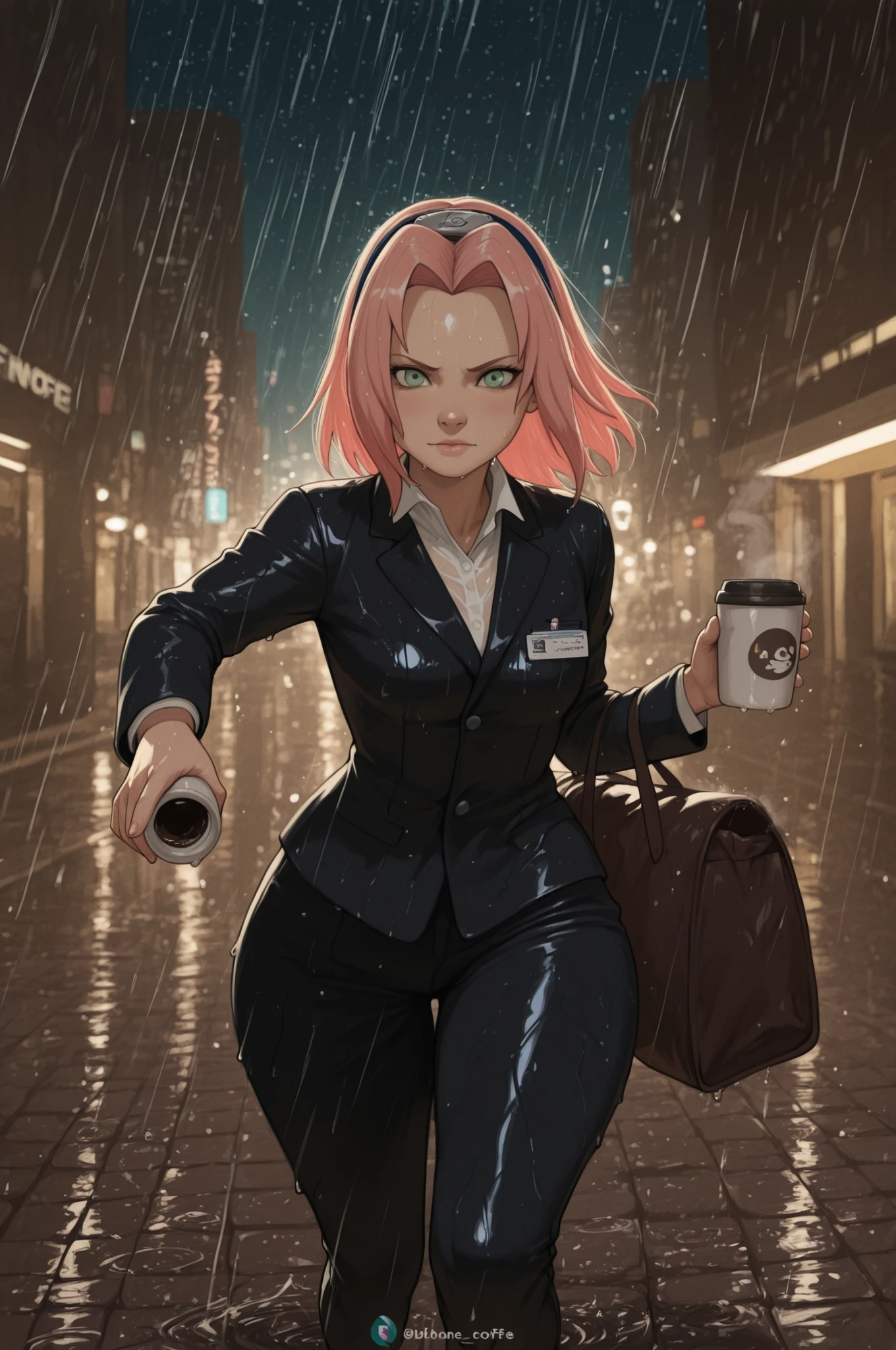 Sakura Haruno. small breasts, huge hips, pink hair, medium hair, light green eyes, thin lips, very fair skin, big forehead. | Urban night scene, lone coffee courier delivering a cup of coffee, professional courier uniform (non-transparent), rainy weather with starry sky, city lights reflection on wet pavement, single cup of steaming coffee in hand, trust and warmth theme, detailed rain effects, neon city lights, dramatic lighting contrast, reflective surfaces, vintage coffee delivery bag, determined yet gentle expression, dynamic pose in motion, wet streets atmosphere, autumn night ambiance, photorealistic style, 8k quality, cinematic composition, realistic weather effects, professional lighting, best quality, emotional storytelling, focus on trust and warmth symbolism, detailed urban environment.