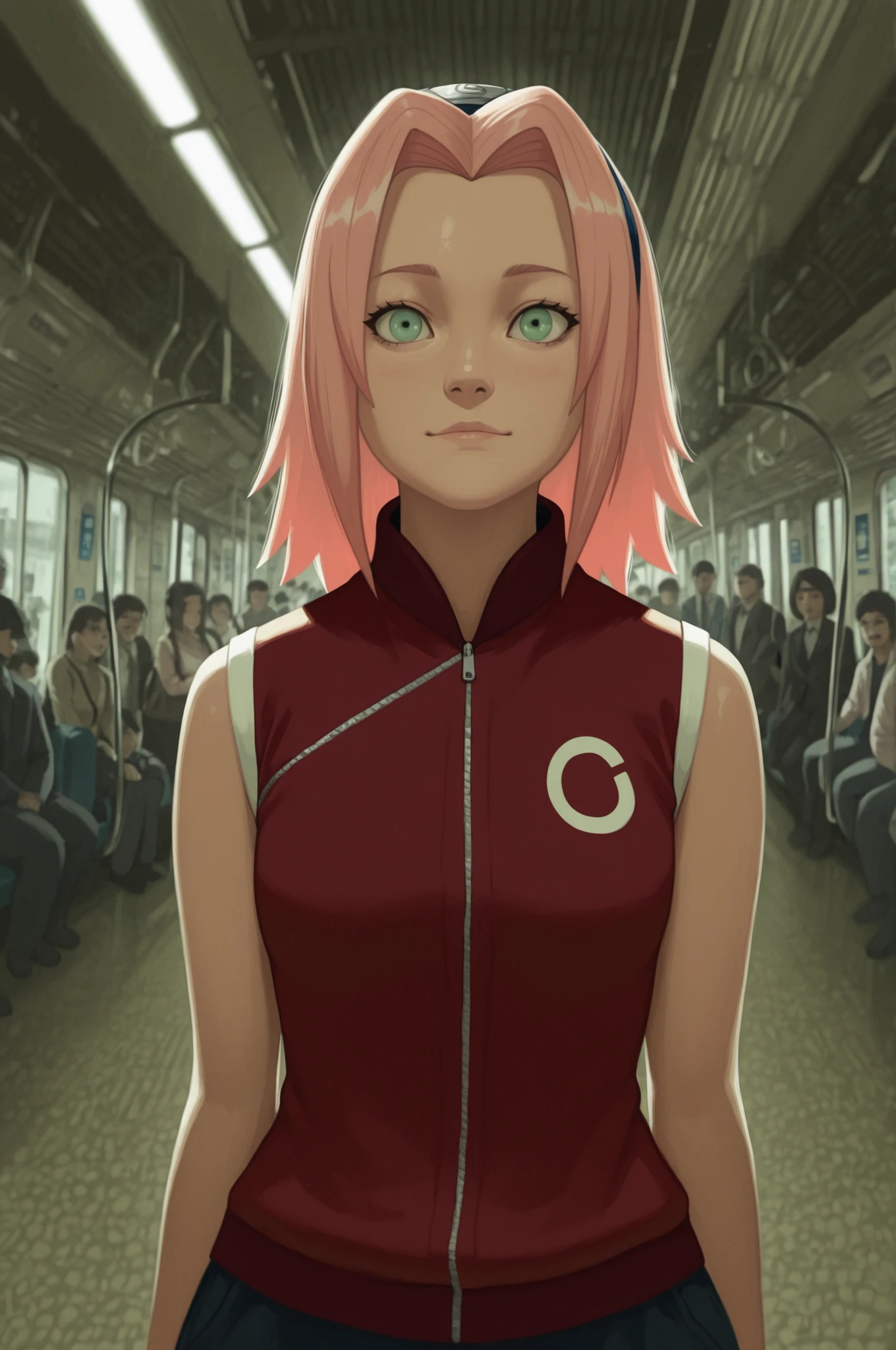 Sakura Haruno. small breasts, huge hips, pink hair, medium hair, light green eyes, thin lips, very fair skin, big forehead. | Morning subway station interior, crowded commuters, diverse urban crowd, central figure with ambiguous expression (fatigue vs hope), professional casual attire (non-transparent), early morning lighting, blurred motion of moving crowd, detailed subway environment, vintage subway design elements, morning light through station windows, subtle emotional storytelling, worn faces of commuters, contrasting moods in crowd, detailed urban clothing, realistic subway atmosphere, steam from train arrival, morning rush hour energy, photorealistic style, 8k quality, cinematic composition, dramatic lighting, professional color grading, best quality, focus on human emotion amidst urban chaos, atmospheric morning ambiance, realistic crowd dynamics.