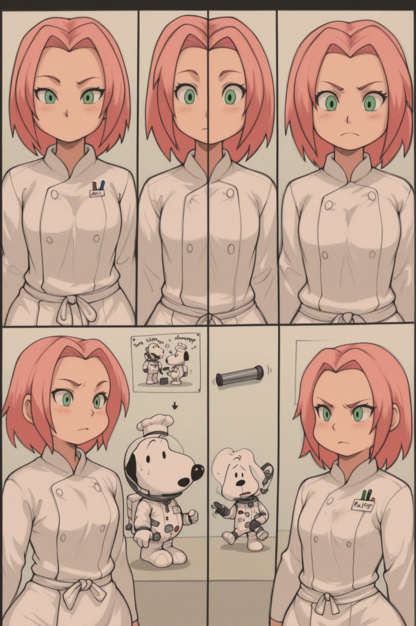 Sakura Haruno. small breasts, huge hips, pink hair, medium hair, light green eyes, thin lips, very fair skin, big forehead. | Snoopy in multiple professional outfits, character transformation series, cartoon style with realistic details, various professions (doctor, chef, astronaut, artist, teacher), each scene shows different workplace environment, authentic professional attire (non-transparent), whimsical yet detailed backgrounds, classic Snoopy expressions, playful yet serious demeanor in each role, vibrant colors, clear character focus, dynamic poses, job-specific tools and props, clean lines, comic panel layout, animated sequence potential, digital art style, 8k quality, detailed character design, professional lighting, best quality, character-driven storytelling, multiple scenes in one composition, creative profession exploration.
