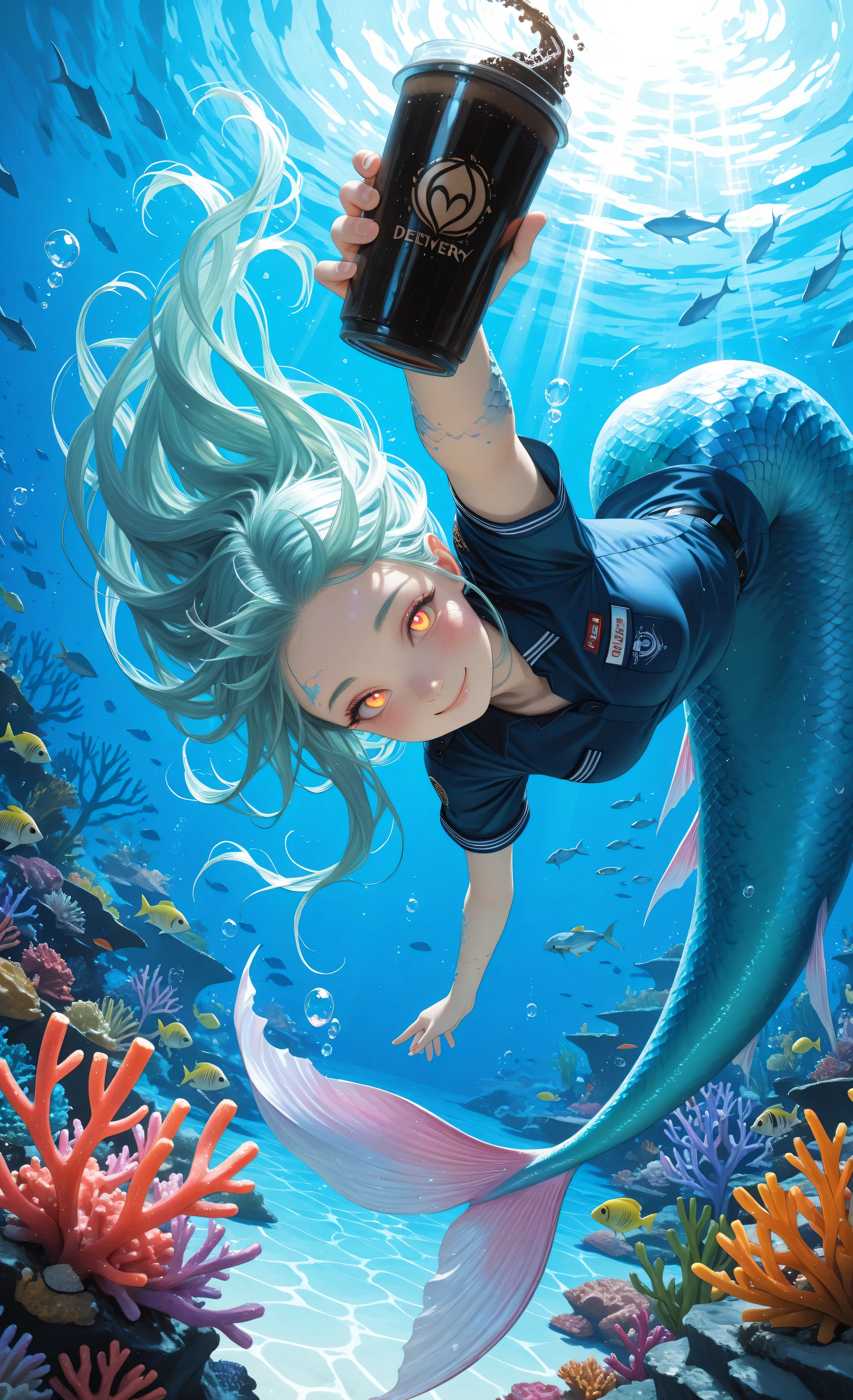 masterpiece, best quality, very aesthetic, absurdres, scenic, newest, watercolor painting, bright, colourful,
cute character, detailed face, detailed eyes, eyelash, detailed pupils, depth of field, dutch angle, stylish, flat_color, sharp focus, perspective, traditional media,
solo, 1girl, (mermaid:1.5), (fish tail:1.4), (scales:1.3), (delivery girl uniform:1.3), long flowing hair, bright eyes, small mouth, slight smile, holding out a cup of (glowing coral coffee:1.4),
dynamic pose, (foreshortening:1.3), falling upside down, tripping in water, asymmetric pose, flowing tail, air bubbles,
underwater, sunbeams through water, coral reef, kelp forest, magical ocean, vibrant colors, caustics on skin,