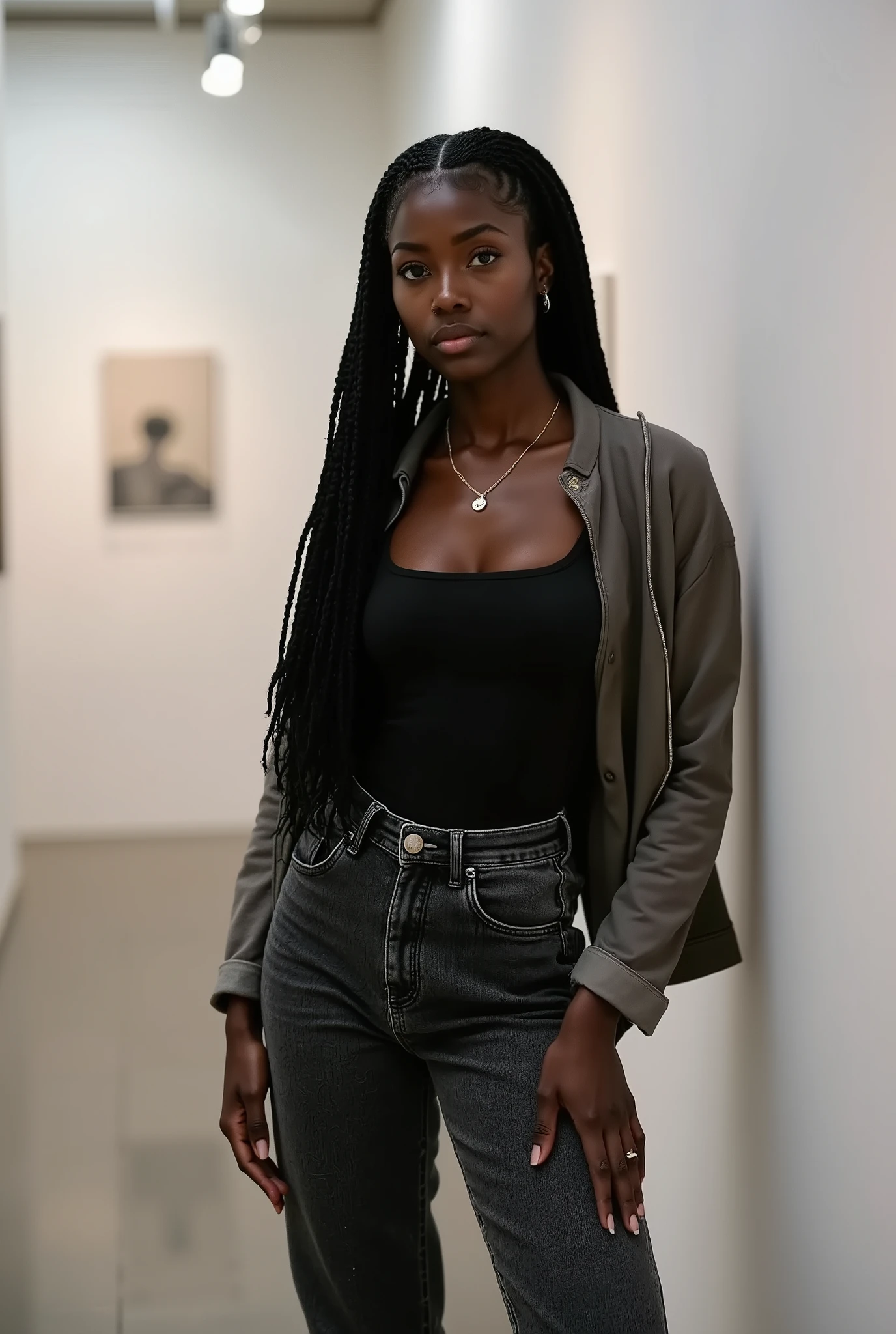 Candid photoreal portrait of a fiercely dominant young Black woman with distinctive oblong face and 8thick jumbo braids, captured in the corner of a minimalist concrete art gallery where she commands absolute attention despite other patrons. Her posture radiates undeniable authority - back perfectly straight, chin deliberately elevated, stance planted with ownership of the space - creating an aura of unquestionable dominance that draws eyes throughout the room. Wearing a simple fitted black tank top that reveals toned shoulders and defined arms, paired with distinctive black mottled jeans that fit perfectly at her waist before dramatically widening below the thigh. Her expression conveys absolute control - piercing gaze sweeping across the room as if evaluating and finding everyone wanting, jaw slightly tensed, lips pressed into a controlled line suggesting restrained judgment - while her characteristic high cheekbones accentuate the severity of her expression. Body language exudes natural authority - one hand resting on hip with fingers splayed possessively, other arm crossed against her chest, weight shifted slightly forward as if prepared to approach and correct anyone behaving inappropriately. The stark white gallery walls and polished concrete floors create perfect contrast to her commanding presence, with gallery lighting casting dramatic shadows that enhance her domineering aura. Other gallery visitors visibly react to her presence - giving her space, avoiding direct eye contact, adjusting their behavior in her vicinity without her saying a word. Shot with documentary realism capturing how her natural dominance transforms an ordinary gallery visit into a display of psychological authority
