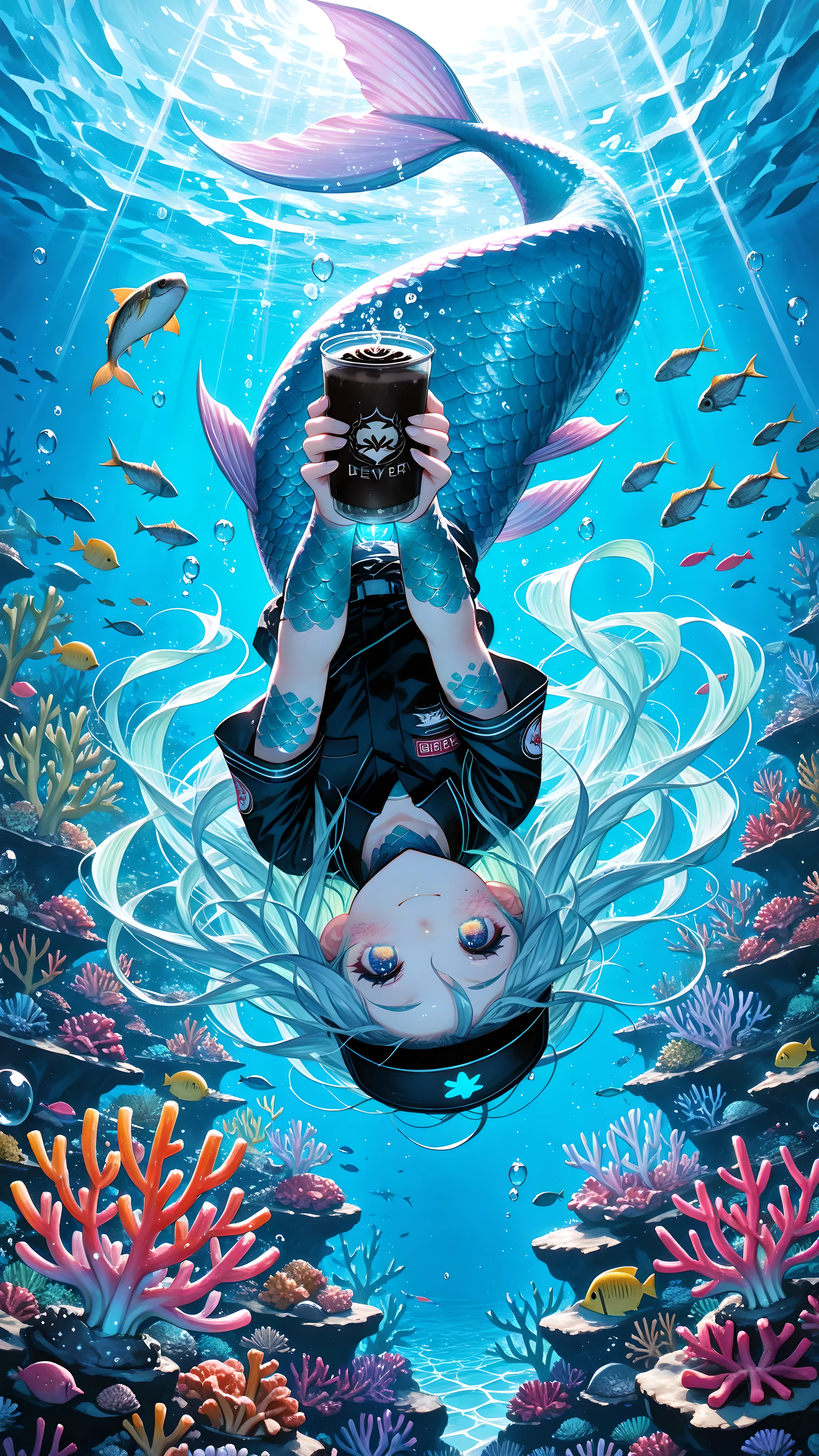 masterpiece, best quality, very aesthetic, absurdres, scenic, newest, watercolor painting, bright, colourful,
cute character, detailed face, detailed eyes, eyelash, detailed pupils, depth of field, dutch angle, stylish, flat_color, sharp focus, perspective, traditional media,
solo, 1girl, (mermaid:1.5), (fish tail:1.4), (scales:1.3), (delivery girl uniform:1.3), long flowing hair, bright eyes, small mouth, slight smile, holding out a cup of (glowing coral coffee:1.4),
dynamic pose, (foreshortening:1.3), falling upside down, tripping in water, asymmetric pose, flowing tail, air bubbles,
underwater, sunbeams through water, coral reef, kelp forest, magical ocean, vibrant colors, caustics on skin,