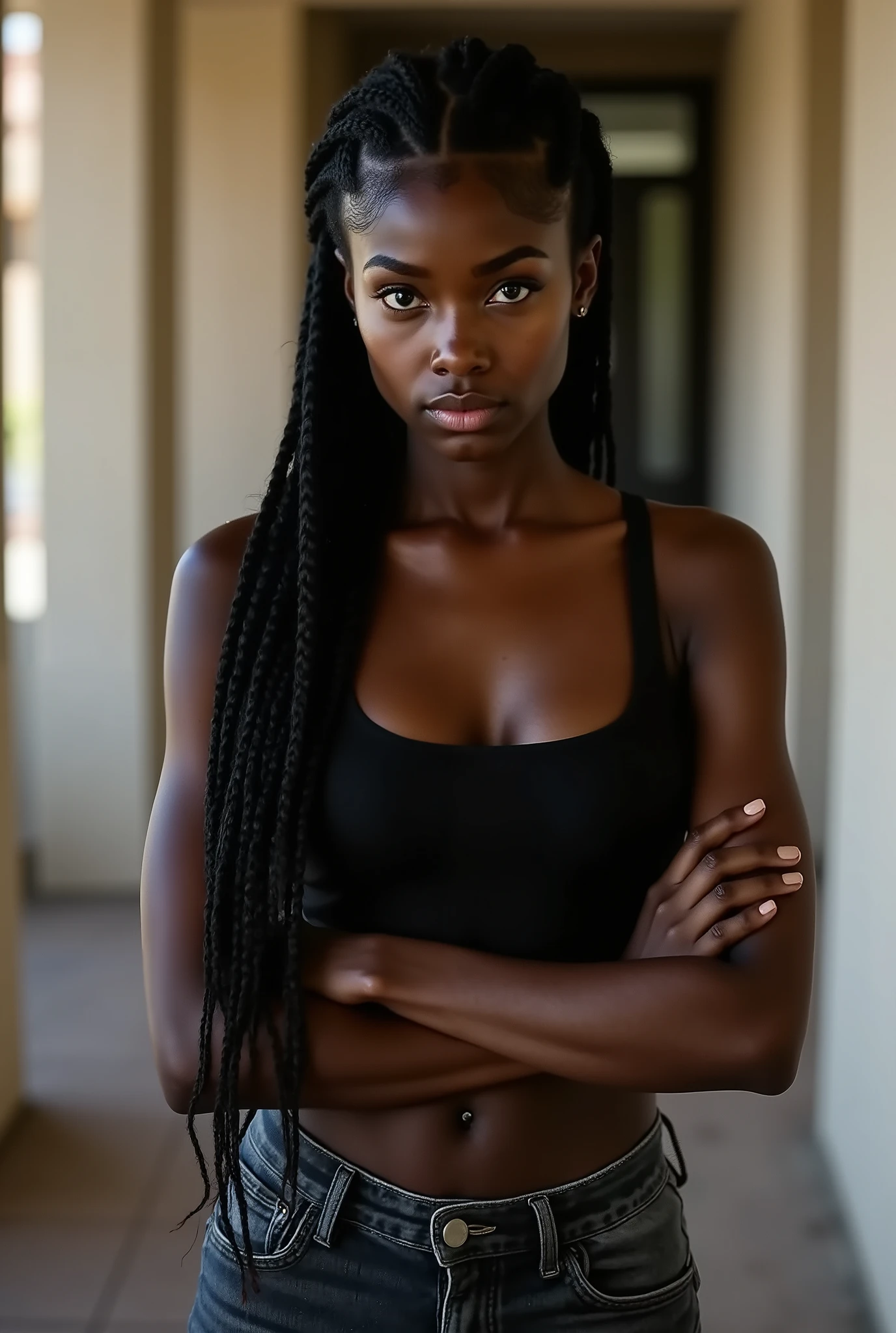 Candid photoreal portrait of a fiercely dominant young Black woman with distinctive oblong face and 8 thick jumbo braids, captured in a direct confrontational pose as she stares straight through the fourth wall with chilling authority. Her penetrating gaze locks directly onto the viewer's eyes with such commanding intensity it creates immediate psychological discomfort, her pupils slightly contracted in focused aggression. Her posture radiates absolute dominance - shoulders squared directly toward the viewer, chin tilted slightly downward to intensify her glare, neck muscles subtly tensed - creating an unmistakable aura of someone accustomed to total compliance. Wearing a simple fitted black tank top that reveals toned shoulders and defined arms suggesting physical capability, paired with distinctive black mottled jeans that fit perfectly at her waist before dramatically widening. Her facial expression conveys pure authoritarian power - eyes narrowed with predatory focus, nostrils slightly flared, jawline visibly tensed, lips pressed into a thin line of clear disapproval - while her characteristic high cheekbones cast shadows that enhance the severity of her features. Body language communicates imminent threat - arms crossed tightly across chest with biceps flexed, weight shifted slightly forward as if about to step toward the viewer, head tilted just enough to suggest evaluation and finding the viewer severely wanting. The environment fades into insignificance around her intimidating presence, with lighting creating harsh shadows across her face that accentuate her authoritarian expression. Shot with unflinching realism that captures the visceral discomfort of being directly confronted by someone with absolute psychological dominance, the image creating an immediate sense of being silently judged and found deficient.