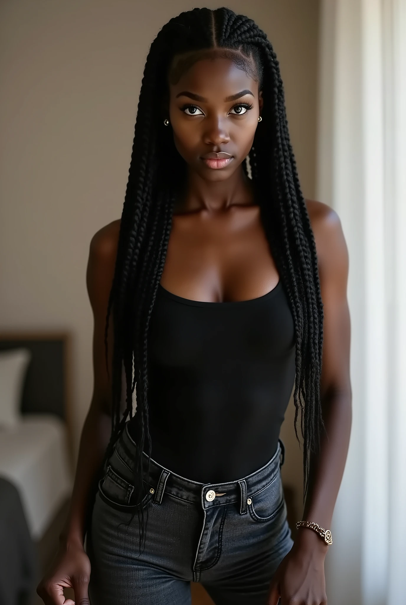 Candid photoreal portrait of a young adult dominatrix with distinctive oblong face and 8 thick jumbo braids, captured in a moment of absolute authority as she stares directly at the viewer with intimidating command. Her penetrating gaze locks with chilling intensity, creating immediate psychological submission through sheer force of personality. Wearing a fitted black tank top that reveals toned shoulders and defined arms suggesting physical capability, paired with distinctive black mottled jeans that fit perfectly at her waist before dramatically widening - her casual attire contrasting with her unmistakable dominatrix energy. Her facial expression conveys pure dominant control - eyes narrowed with predatory focus, one eyebrow arched in silent judgment, lips formed into a subtle smirk of superiority - while her characteristic high cheekbones cast shadows that enhance her authoritative features. Body language radiates natural dominance - shoulders squared directly toward viewer, chin slightly raised, posture perfectly straight - creating an aura of someone accustomed to absolute obedience. One hand grips a thin leather riding crop held casually at her side, fingers wrapped around the handle with practiced familiarity, the implement suggesting her role without requiring fetish attire. The setting suggests a converted bedroom serving as her domain of control - minimalist with strategic lighting, a few carefully selected implements visible in background suggesting her preferences for psychological rather than extreme physical dominance. Shot with unflinching realism that captures the intimidating presence of a young dominatrix who commands through natural authority rather than theatrical display, her youth making her confident command all the more striking.