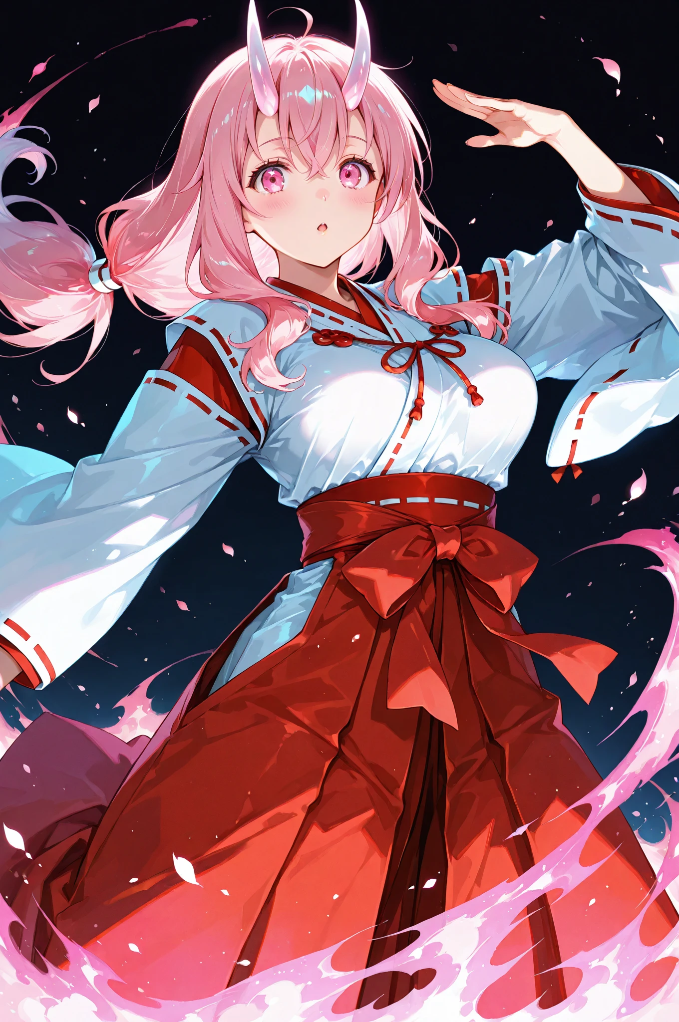 Genshin、Yoimiya、1 girl、As-、laughter、smile、shirt、skirt、青いskirt、プリーツskirt、There's a light in my eyes、（eye highlights）、（）Chirarism、Japanese high school uniform、sailor collar, blue sailor collar, sailor color, white sailor color, serafuku, red bow, red headband, red ribbon, school uniform, （portrait from the knees up）、ponytail、brunette