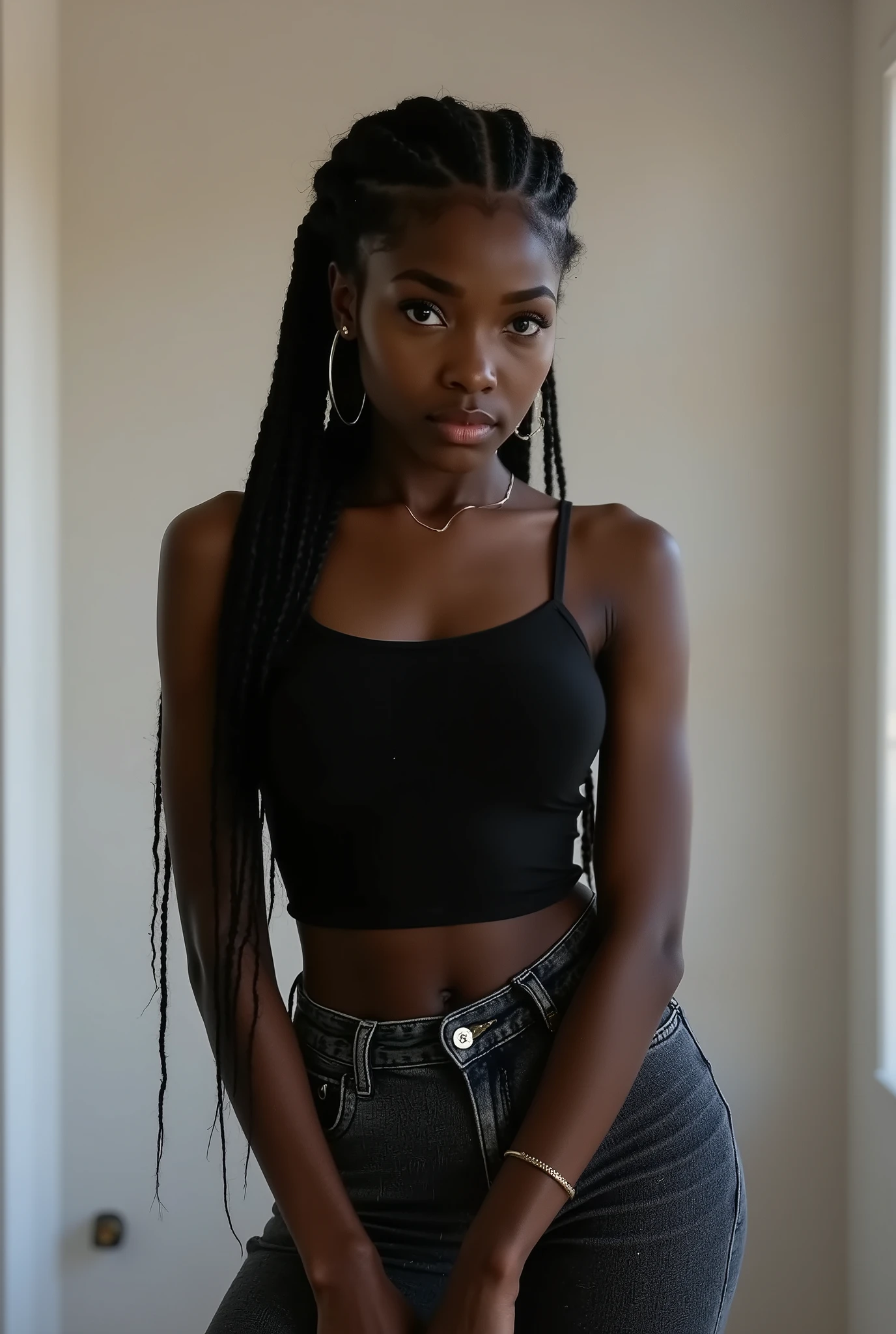 `Candid photoreal portrait of a young adult dominatrix with distinctive oblong face and 8 thick jumbo braids, captured in a moment of predatory anticipation as she stares directly at the viewer with unmistakable malicious intent. Her penetrating gaze locks with sadistic intensity, eyes slightly widened with excitement at the prospect of inflicting discomfort, pupils dilated with the thrill of impending dominance. Wearing a fitted black tank top that reveals toned shoulders and defined arms suggesting physical capability, paired with distinctive black mottled jeans that fit perfectly at her waist before dramatically widening. Her facial expression conveys eager anticipation of causing distress - lips parted in a wolfish smile revealing just a hint of teeth, nostrils slightly flared with quickened breathing, eyes gleaming with barely contained excitement - while her characteristic high cheekbones accentuate her predatory features. Body language radiates imminent threat - weight shifted forward onto balls of feet as if about to pounce, shoulders slightly hunched in predatory posture, fingers flexing at her sides in anticipation of action. One hand grips a thin leather riding crop tapping rhythmically against her thigh in eager anticipation, the casual gesture somehow more threatening than any overt aggression. The setting suggests her domain of control - minimalist with strategic lighting that casts ominous shadows across her features, enhancing the sense of impending unpleasantness. Her entire demeanor communicates sadistic anticipation - the expression of someone who not only plans to mess you up thoroughly but will genuinely enjoy every second of your discomfort, finding pleasure specifically in your distress rather than just the act of dominance itself.