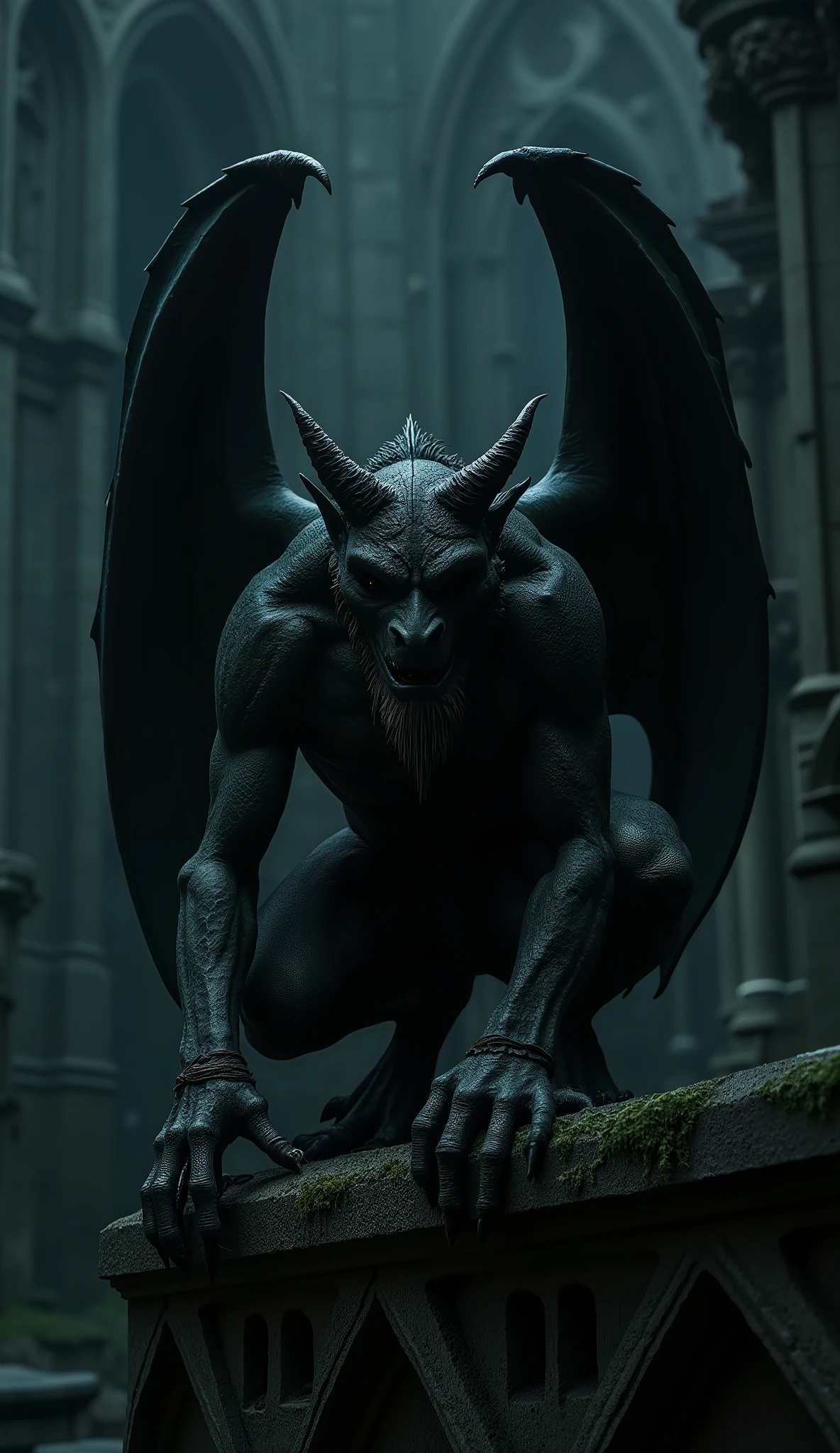 A gothic gargoyle crouched on a stone ledge, centered and imposing, filling most of the frame. The creature has a dark matte texture, dry cracked skin, rough stone-like surface, sharp claws, long horns, and large worn leathery wings. Its body is muscular but not shiny, with low contrast and softened details. No highlights or reflective areas. The environment is a decayed gothic cathedral wall behind it, with eroded carvings, weathered stone blocks, dirt, soot, moss, and centuries of damage. The entire architecture feels ancient, oppressive, and worn out.
Lighting is dim, soft, overcast, and fully diffused, with no dramatic shadows or bright edges. The scene appears low clarity, low micro-contrast, slightly grainy, and washed-out. Colors are cold, desaturated, with monochromatic grays and dark tones.
A subtle haze and atmospheric dust fill the air, blending the gargoyle with the environment. Perspective: slightly from below, similar to a dark medieval horror film. Style: desaturated, moody, film-soft, dark gothic realism, low detail intensity, aged and decayed atmosphere.