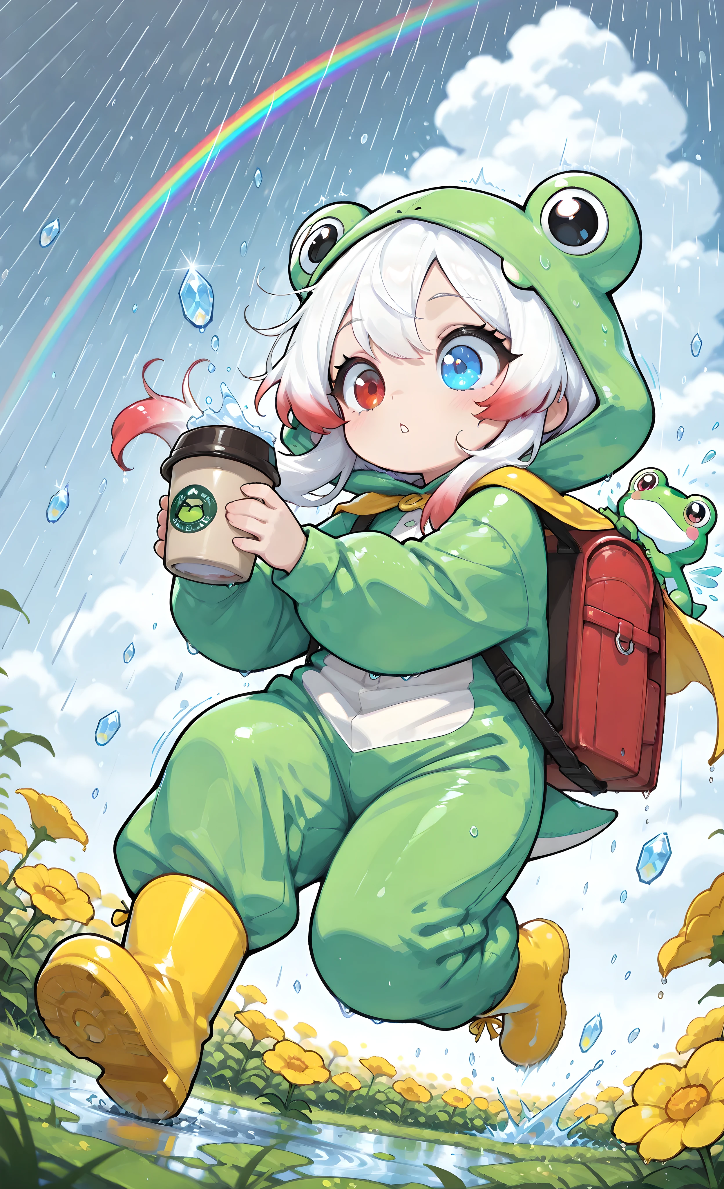 Melys Chibi,(masterpiece, best quality, ultra-detailed:1.3), 1girl, solo, full body, Melys Chibi, visiosomni, CuteToon_ST, toon style,
pure white hair with soft gradient red tips, heterochromia (crimson red right eye, ice blue left eye), fair skin, cute round face, wearing a bright green frog onesie with a yellow cape, yellow rain boots, a delivery backpack on her back, holding takeaway coffee cups in her hands,
dynamic running pose, low angle view, motion blur, action scene, she is running joyfully across a flower meadow, a vibrant rainbow in the background, splashes of water from puddles, (wind-swept hair and clothes), dramatic perspective.
