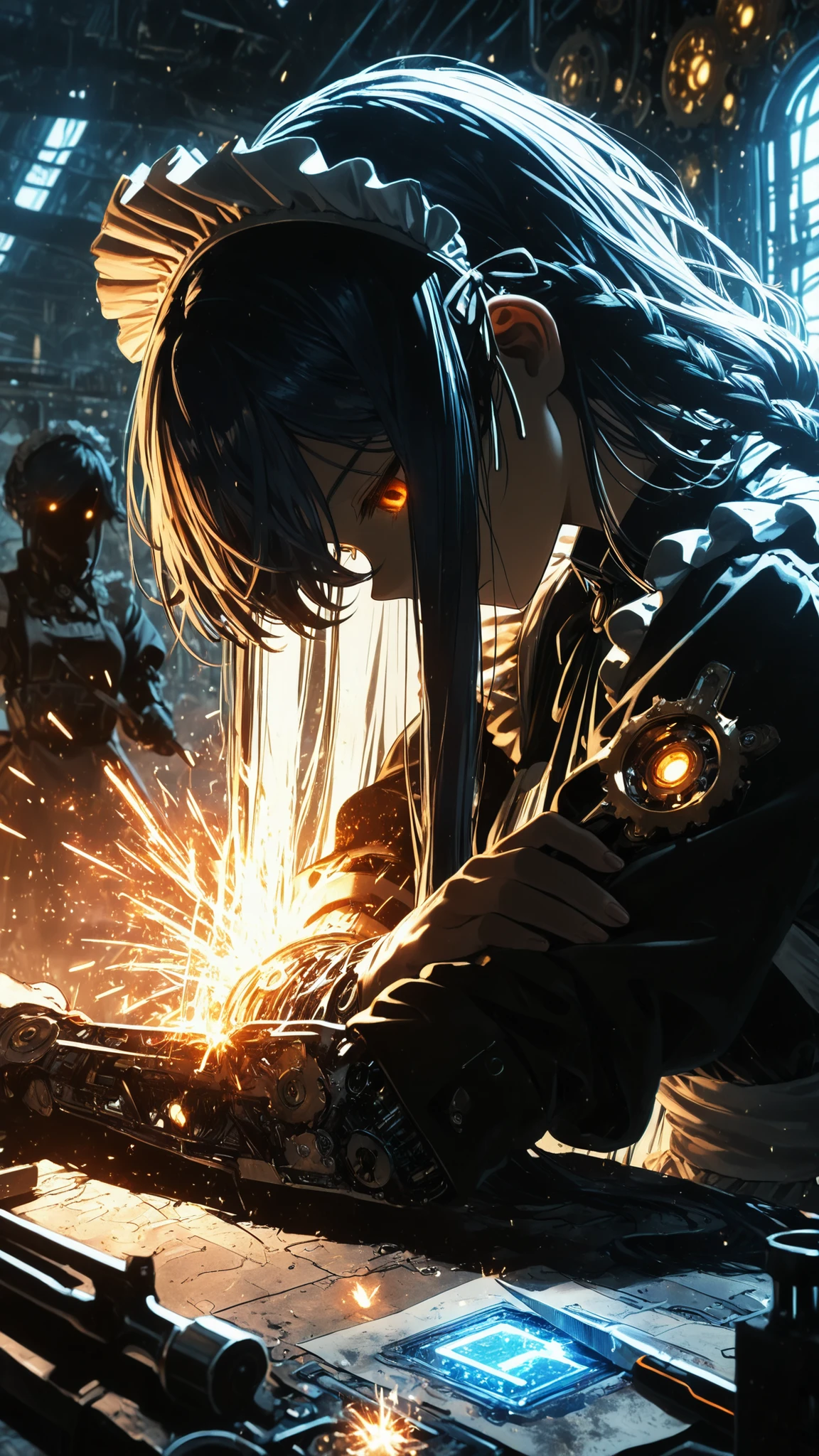 (masterpiece:1.2, Best Quality), C7b3rp0nkStyle, ((very long bangs, hidden face, face hidden by hair)), head tilt, looking up, beautiful face, long sidelocks framing face, long swept bangs, dark blue hair, messy hair, braid, orange eyes, glowing eyes, ((holding tools, sparks)) ((repairing own arm, looking down, placing tool against arm)), futuristic, factory, delicate mechanical features, exposed circuitry, damaged gears scattered, expressionless, intricate steampunk details, maid outfit, frilly headdress, mechanical parts clockwork scattered ground, watercolor and ink, rough texture, sketchy outlines, organic lines, hatching and cross-hatching, paper texture, analog art style with visible brush strokes and line work.